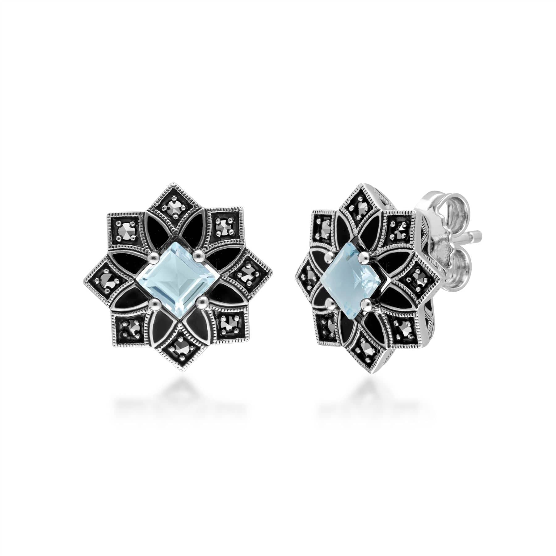 214E897604925 Art Deco Inspired Blue Topaz & Marcasite Star Stud Earrings Front
