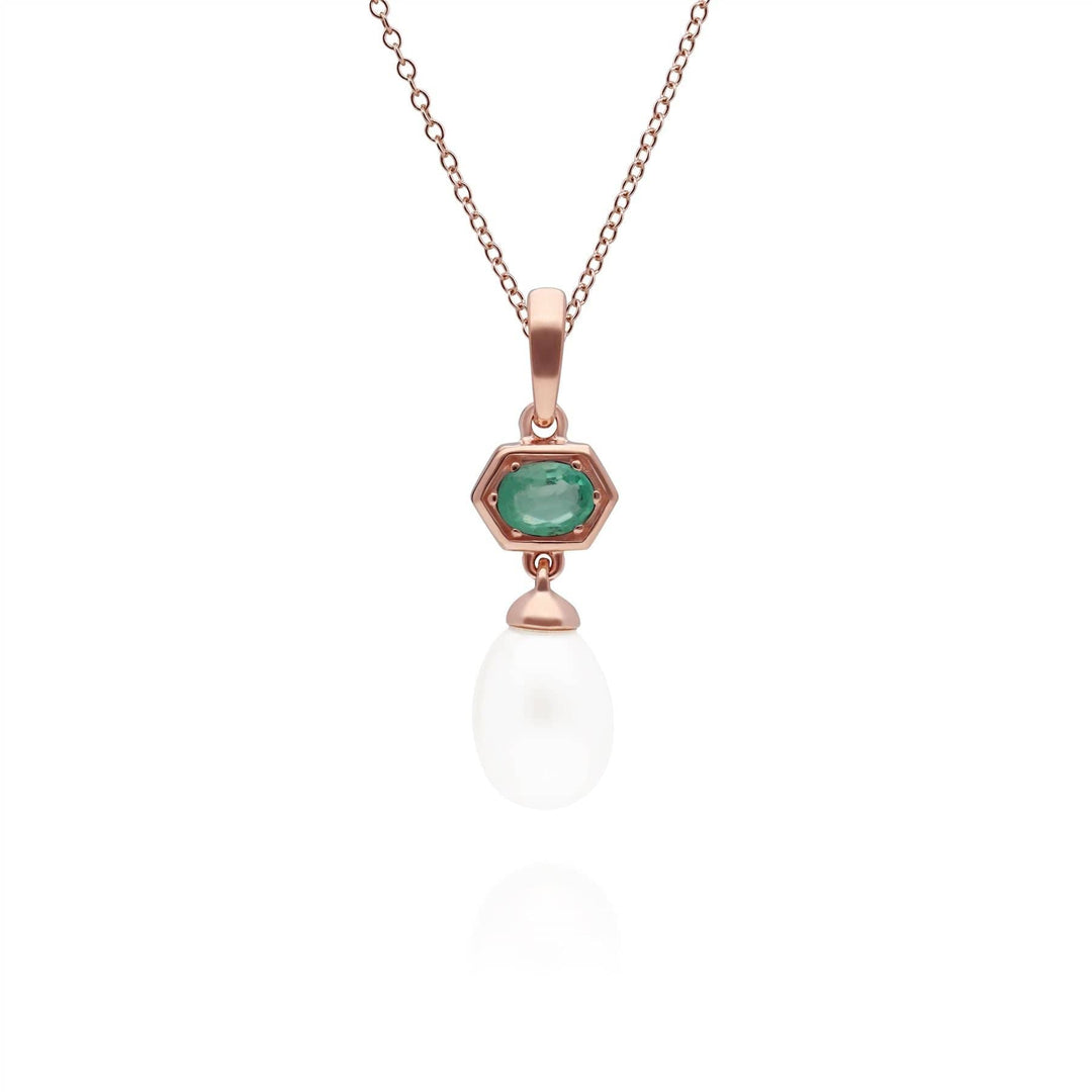 270P030403925 Modern Pearl & Emerald Hexagon Drop Pendant in Rose Gold Plated Silver 1
