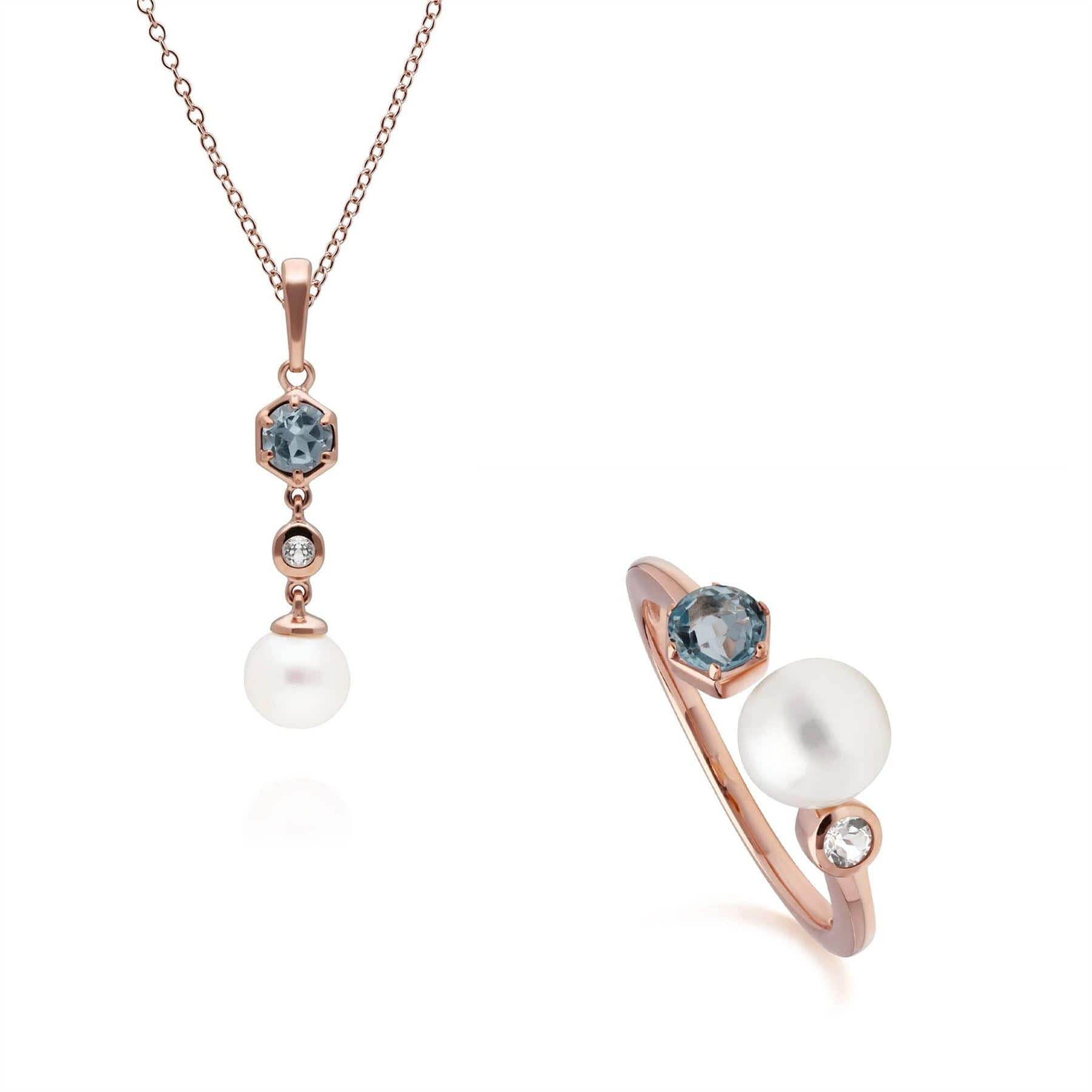 Modern Pearl & Topaz Pendant & Ring Set in Rose Gold Plated Sterling Silver - Gemondo