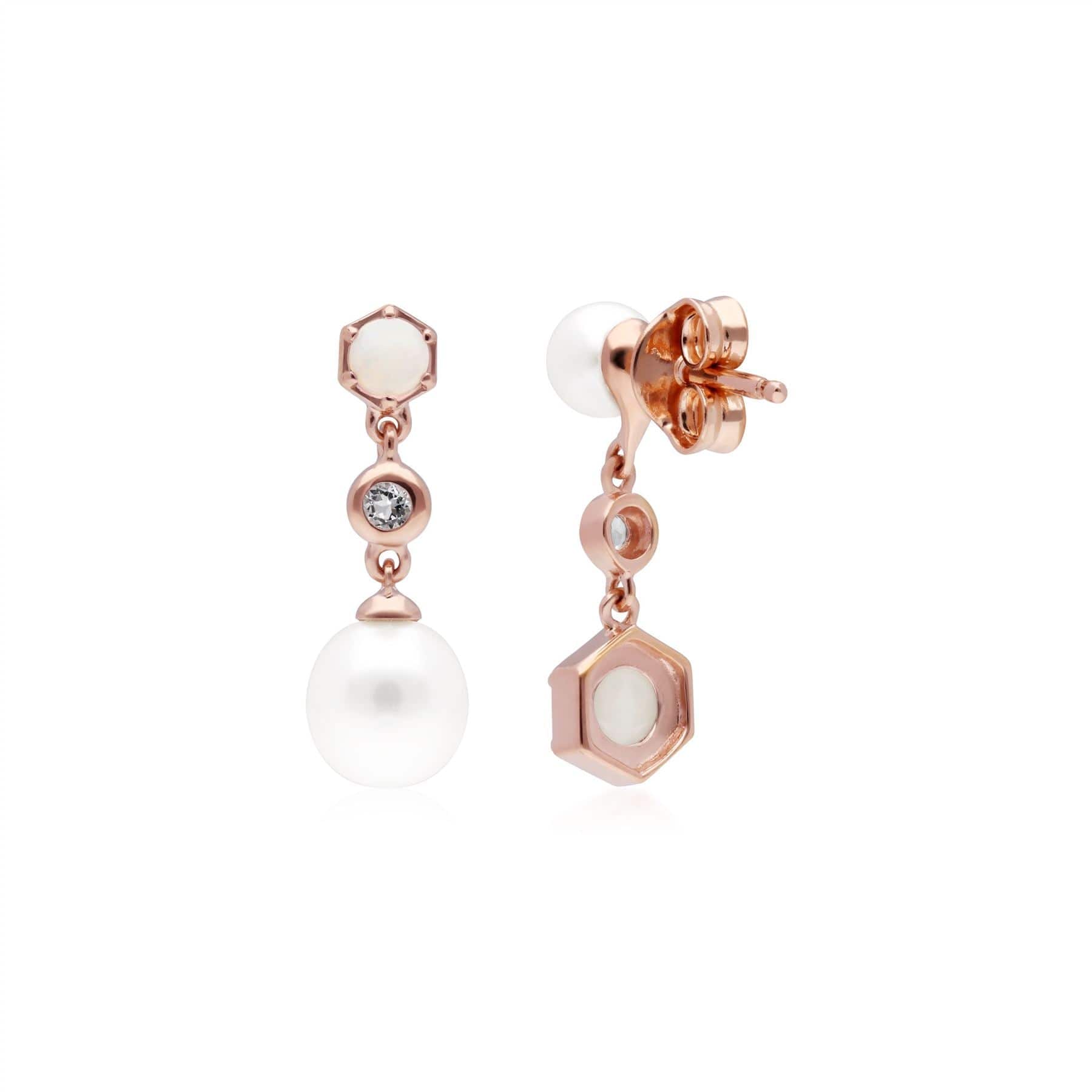 Modern Pearl, Opal & Topaz Mismatched Drop Earrings in Rose Gold Plated Sterling Silver