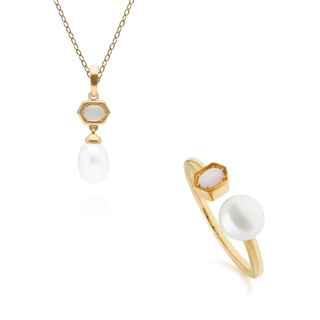 270P030601925-270R059001925 Modern Pearl & Opal Pendant & Ring Set in Gold Plated  Silver 1