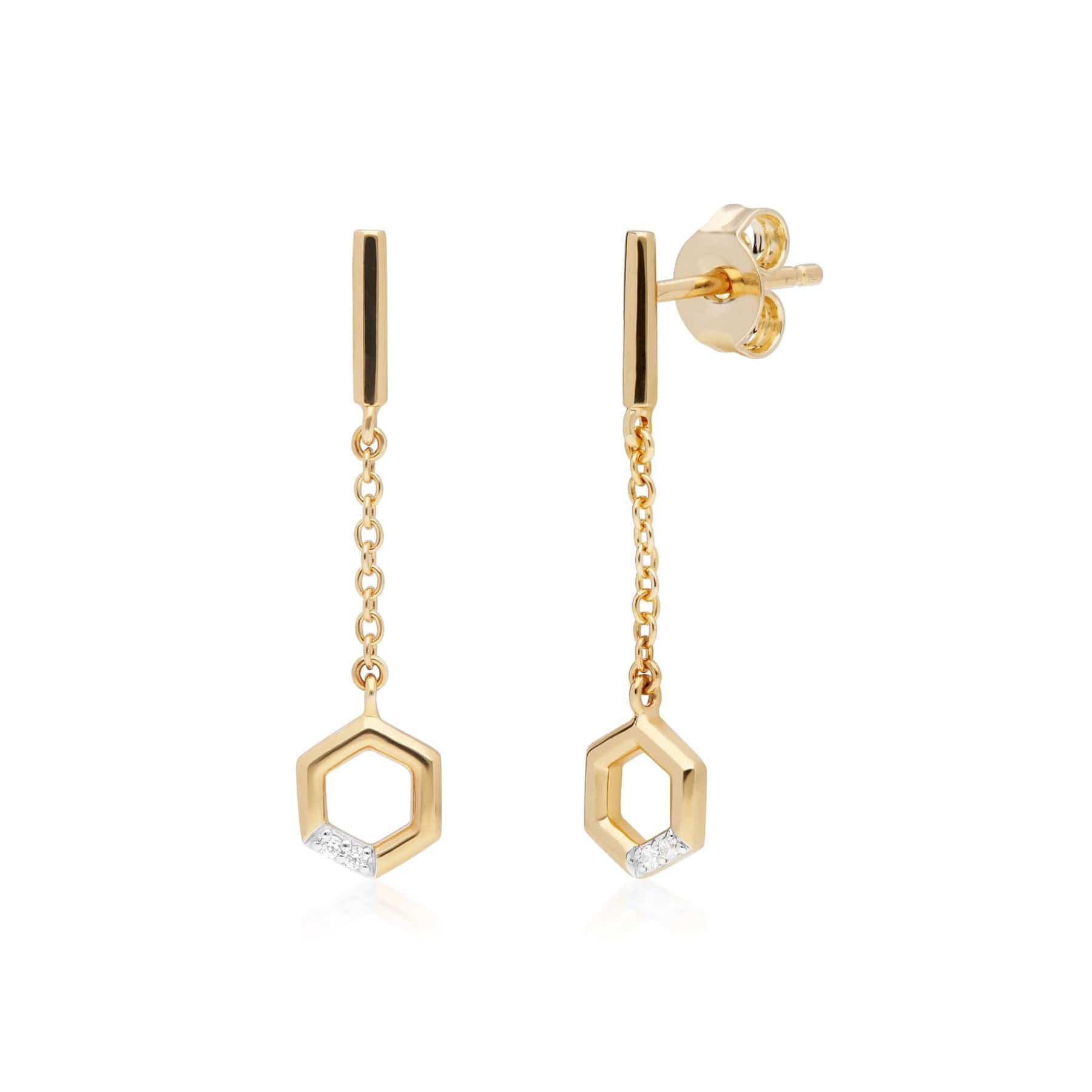Hexagon Diamond Dangle Drop Earrings in 9ct Yellow Gold