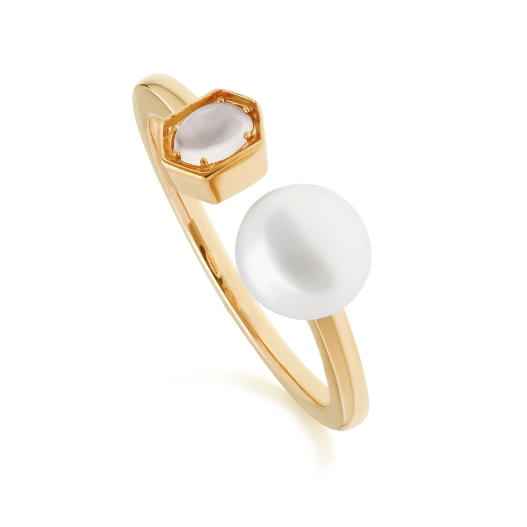 Modern Pearl & Moonstone Open Ring in Gold Plated Silver - Gemondo