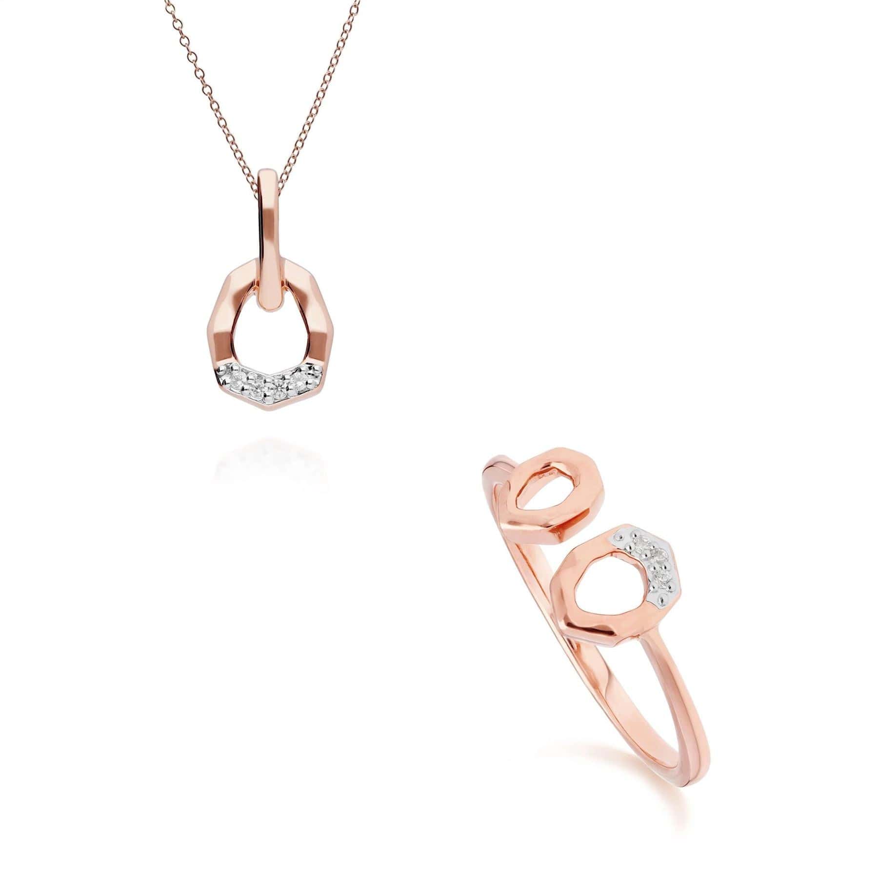 Diamond Pave Asymmetrical Pendant & Ring Set in 9ct Rose Gold
