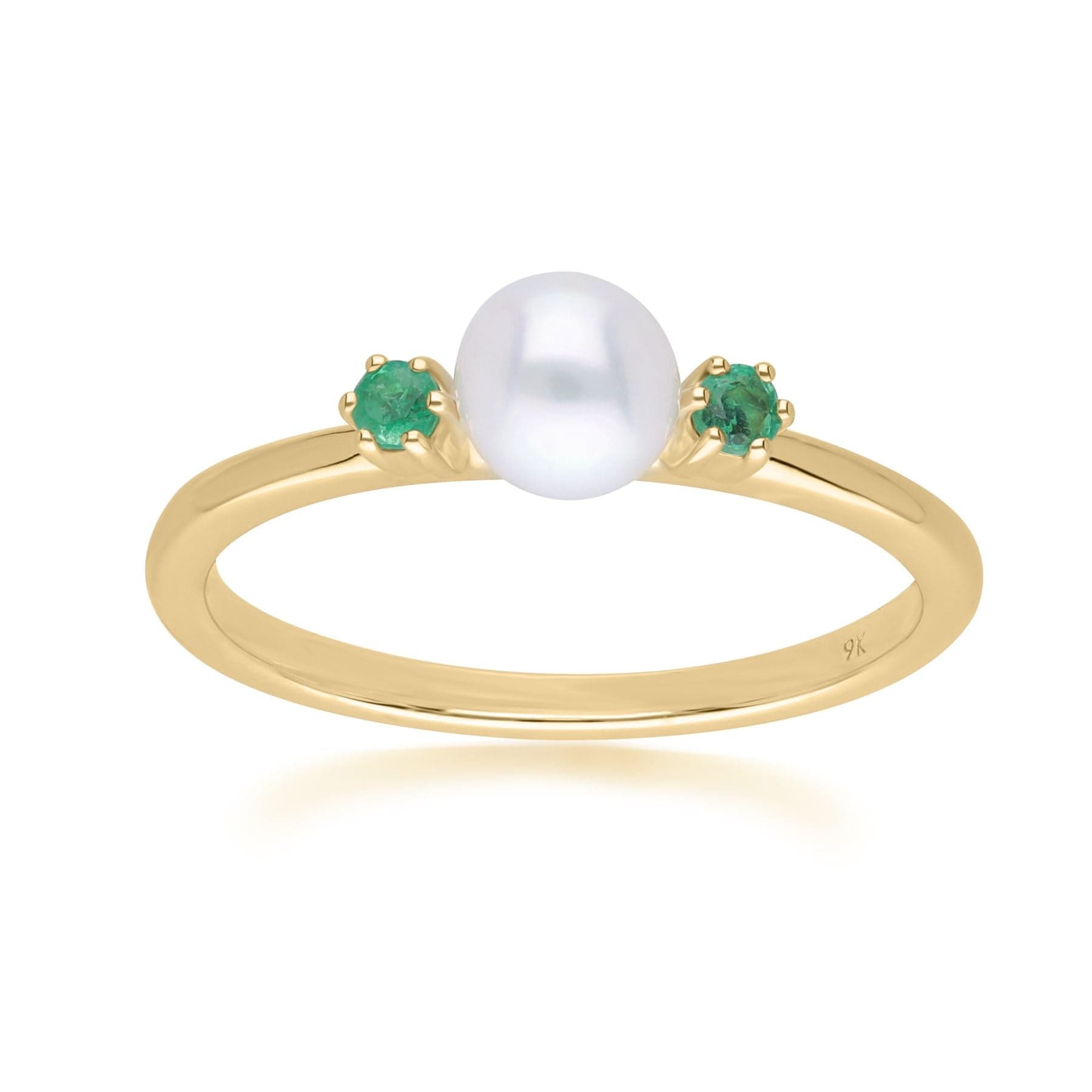 Modern Pearl & Round Emerald Ring in 9ct Yellow Gold - Gemondo