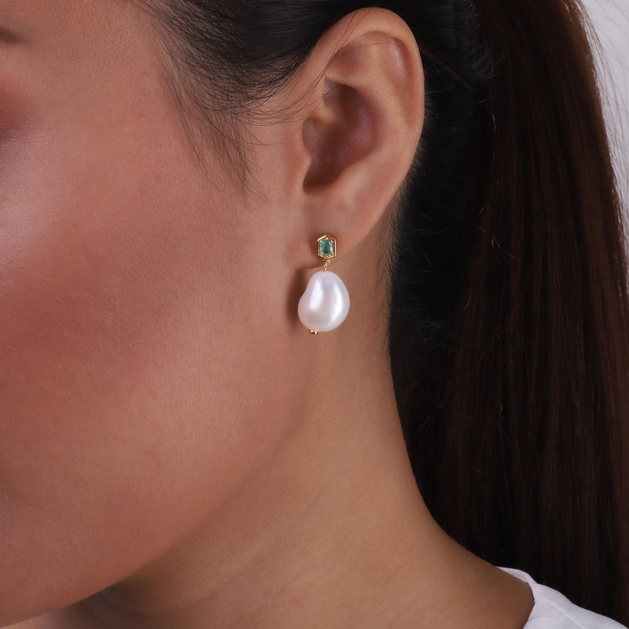 Modern Baroque Pearl & Emerald Drop Earrings in Gold Plated Sterling Silve