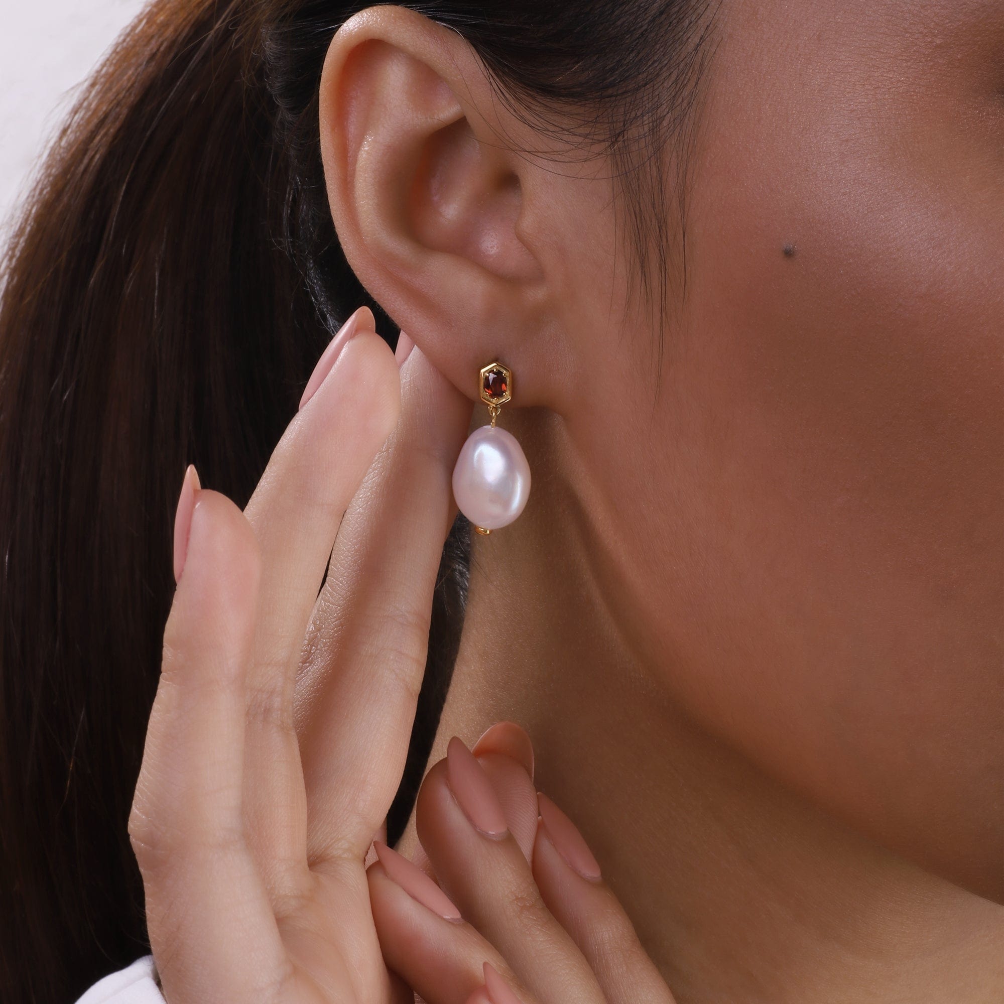 Modern Baroque Pearl & Garnet Drop Earrings