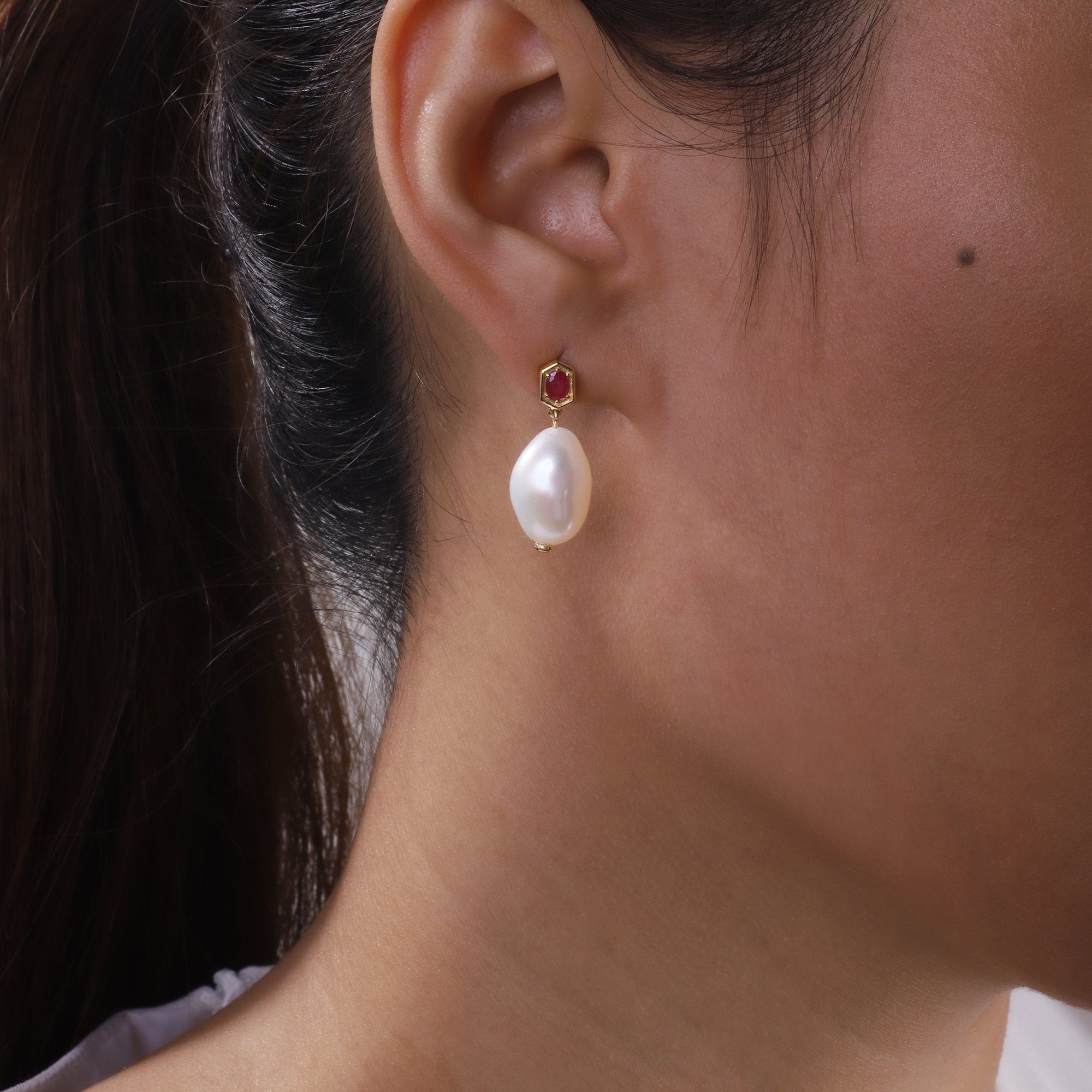Modern Baroque Pearl & Ruby Drop Earrings in Gold Plated Silver - Gemondo