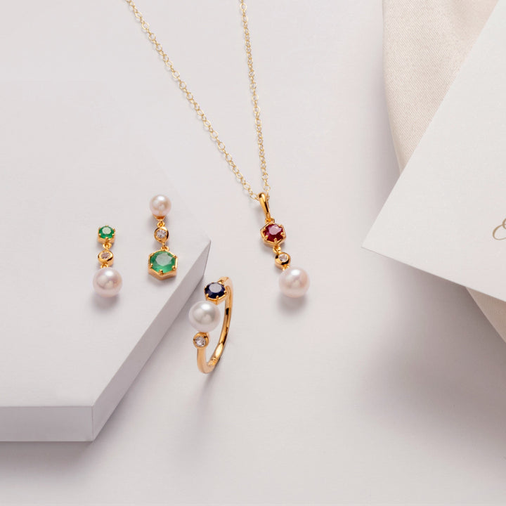 270P030102925 Modern Pearl, Ruby & Topaz Drop Pendant in Gold Plated Silver 2