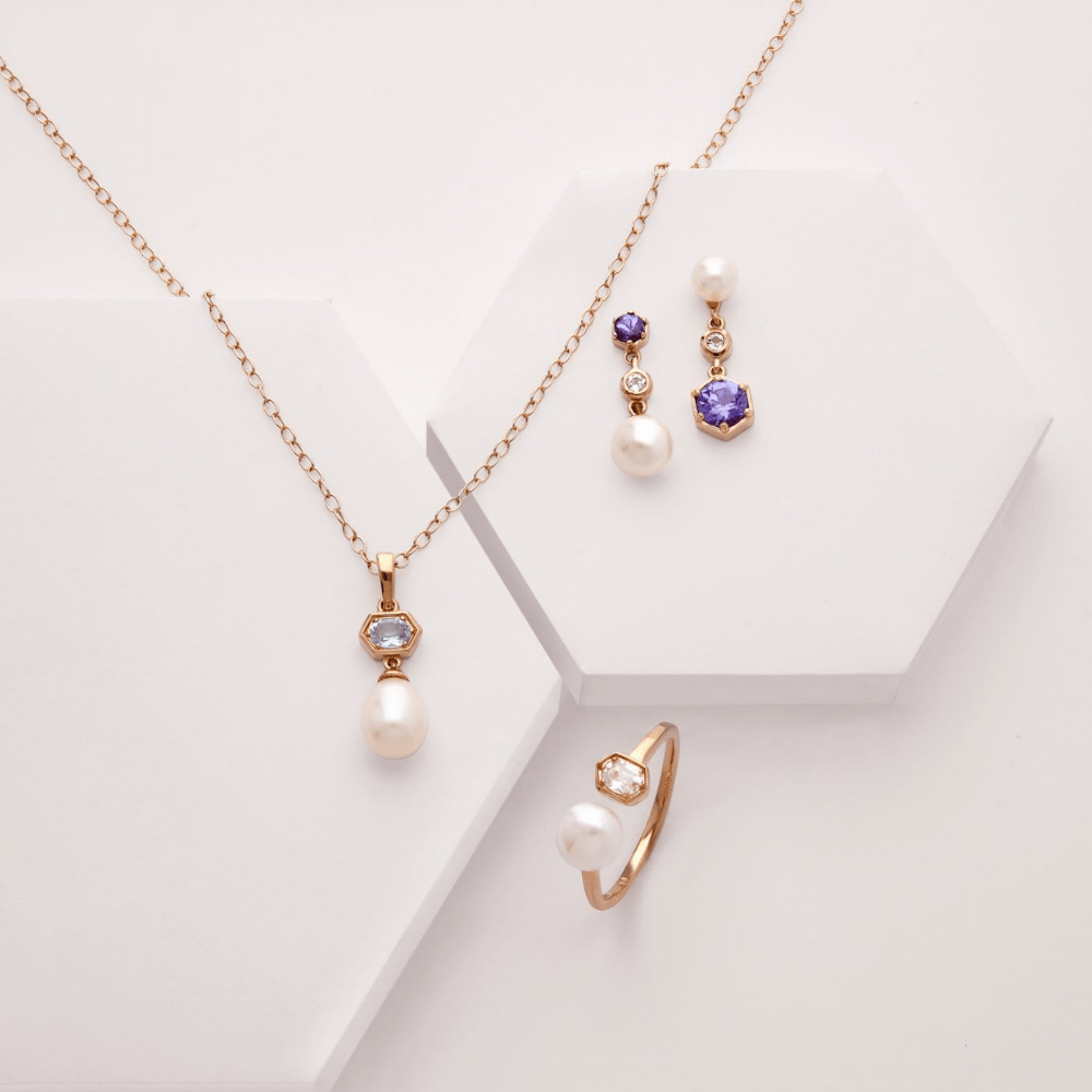 Modern Pearl, Tanzanite & Topaz Mismatched Drop Earrings in Rose Gold Plated Sterling Silver