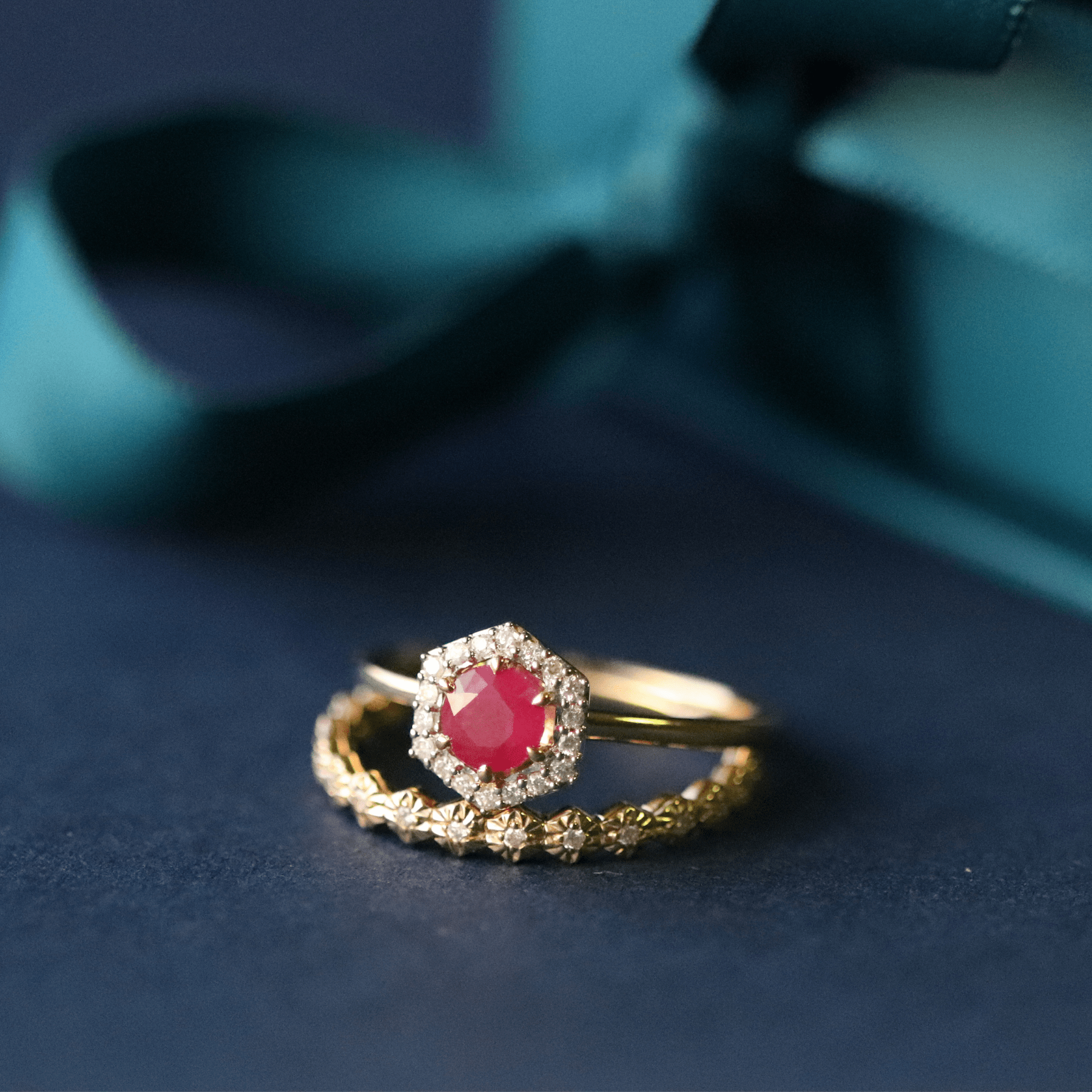 Yellow Gold Ruby & Diamond Halo Engagement Ring Stack