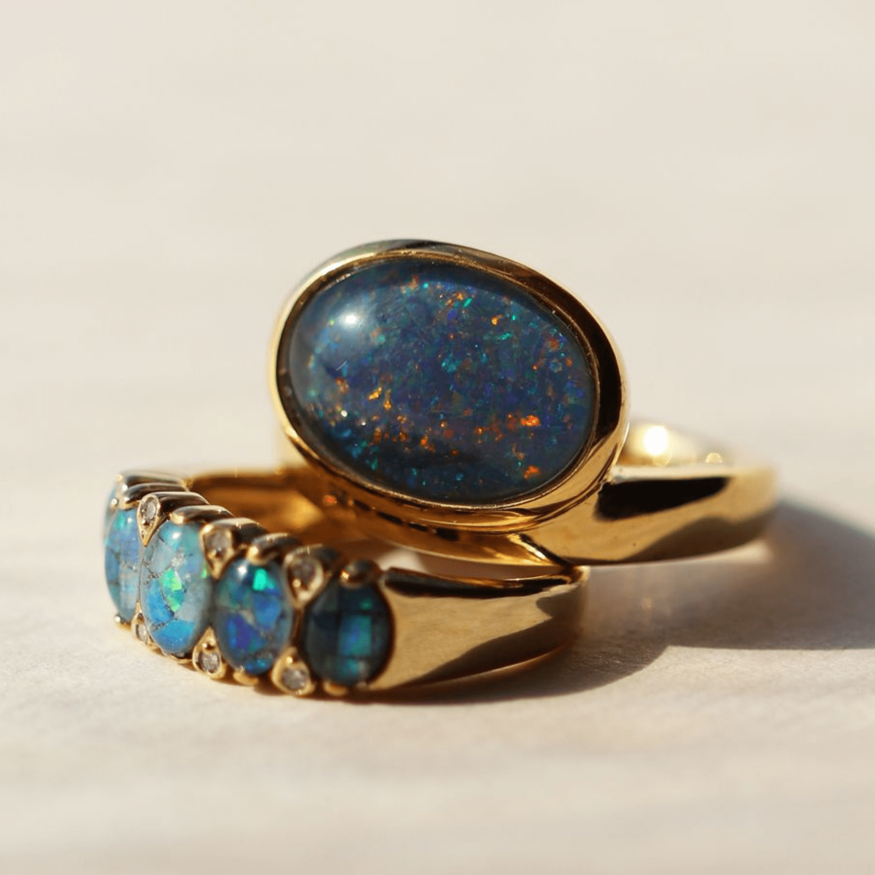 Classic Oval Triplet Opal & Diamond Five Stone Ring in 9ct Yellow Gold - Gemondo