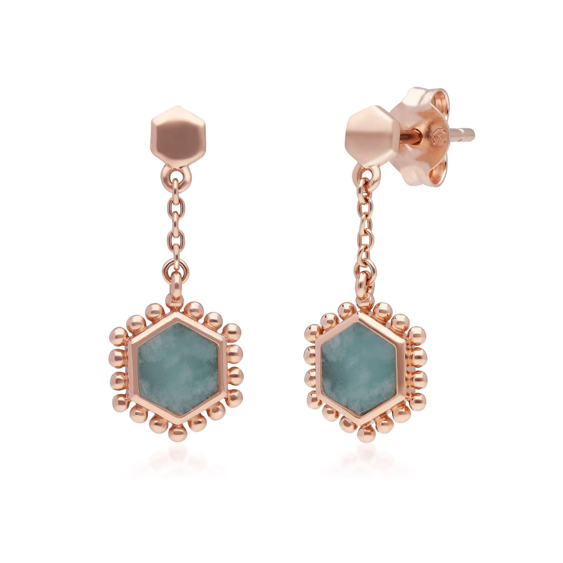 Amazonite Flat Slice Hex Drop Earrings in Rose Gold Plated Sterling Silver