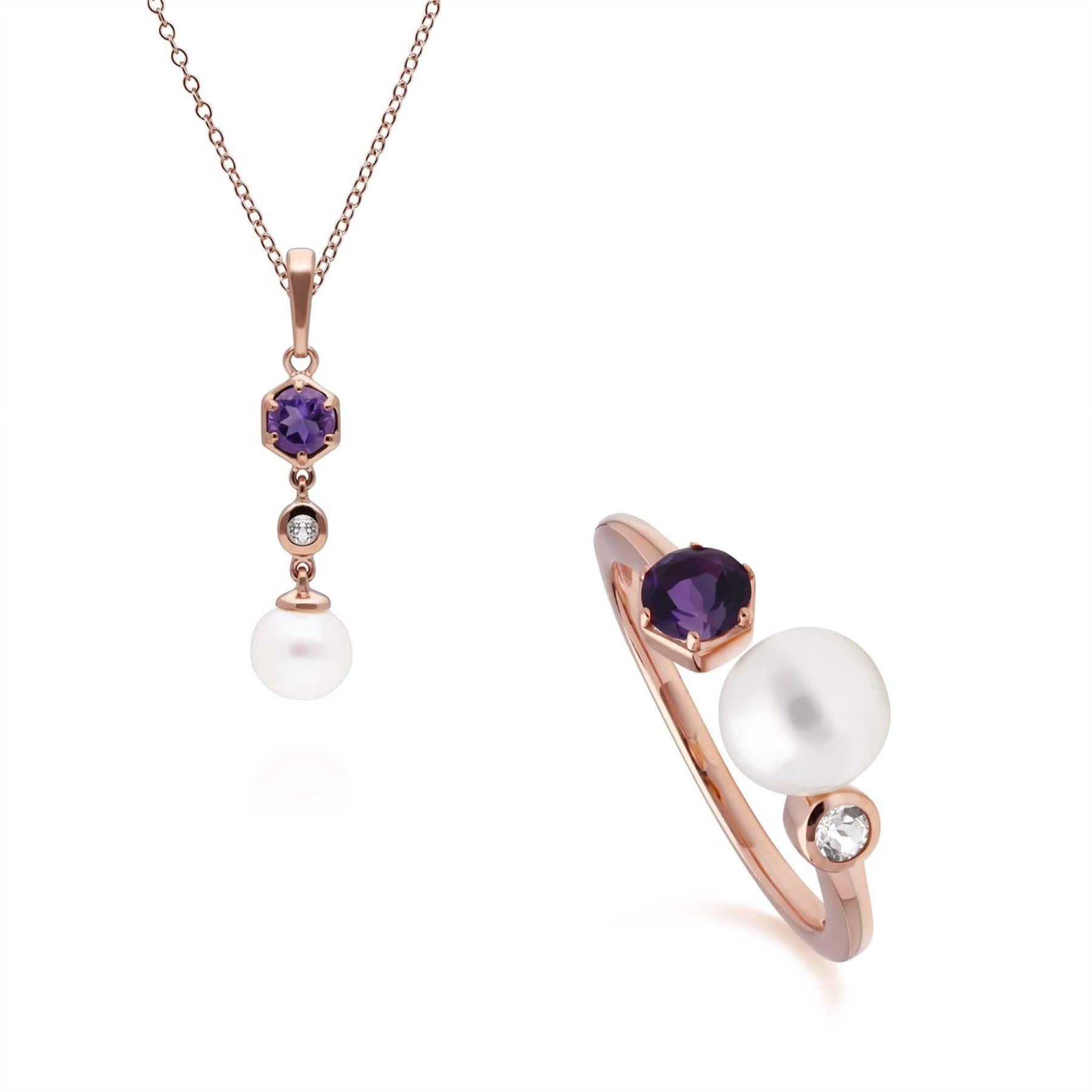 Modern Pearl, Amethyst & Topaz Pendant & Ring Set in Rose Gold Plated Silver - Gemondo
