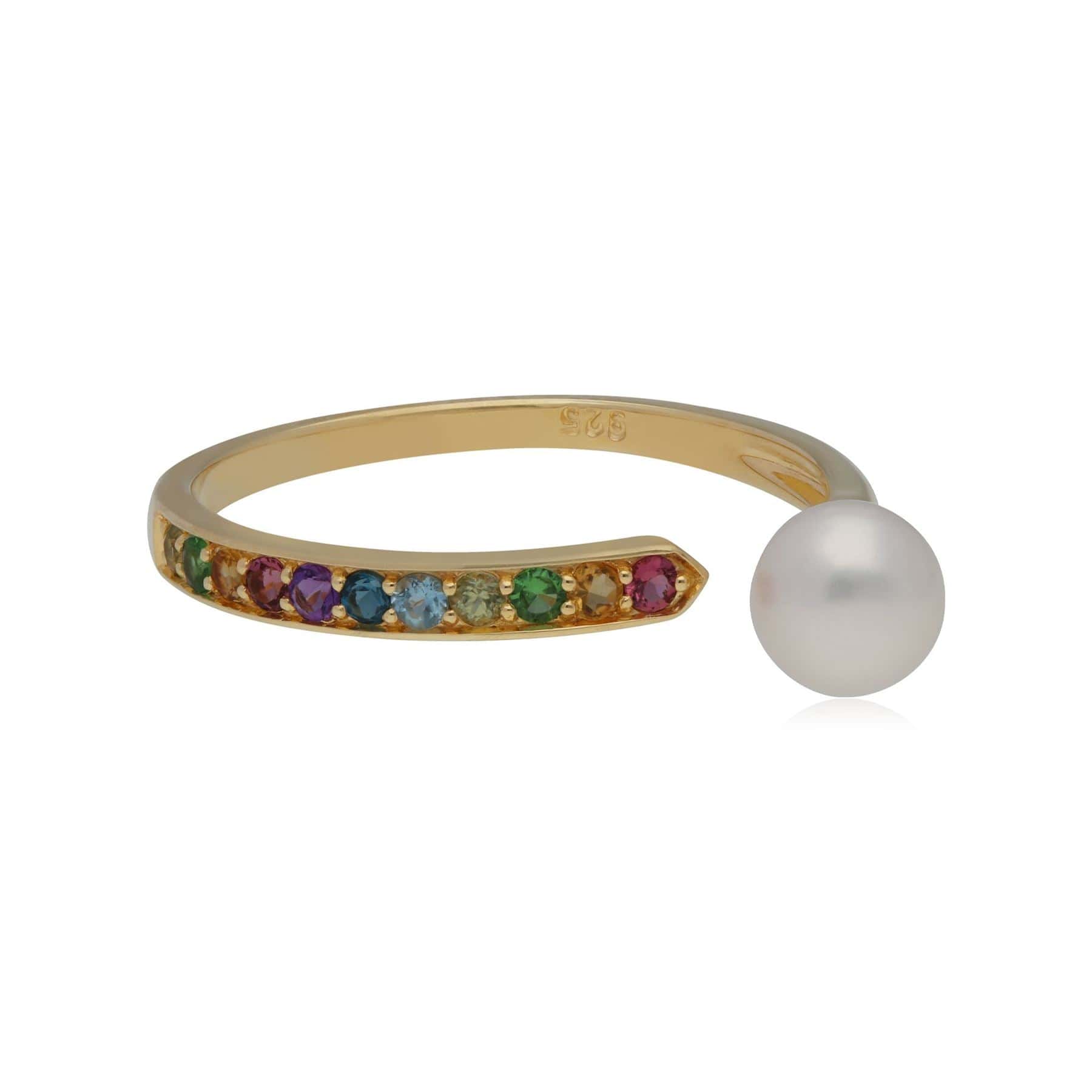270R059901925 Rainbow Gemstone & Pearl Open Ring in Gold Plated Sterling Silver 3