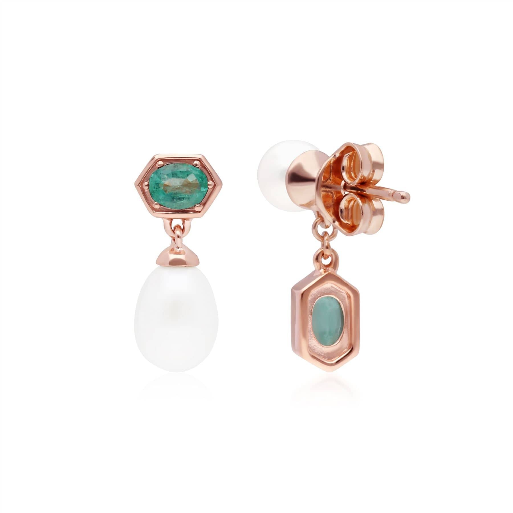 Modern Pearl & Emerald Mismatched Drop Earrings in Rose Gold Plated Silver - Gemondo