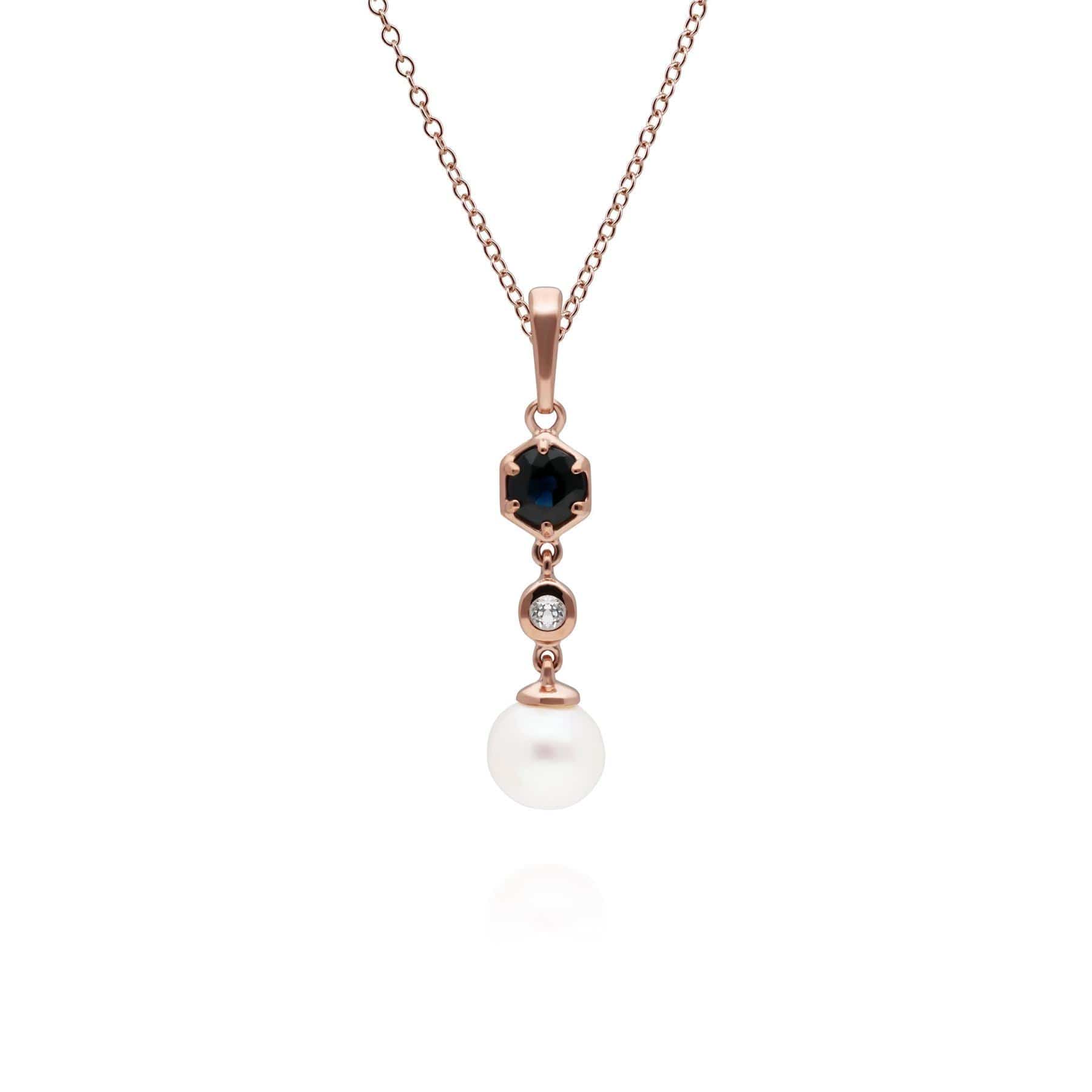 Modern Pearl, Sapphire & Topaz Pendant & Earring Rose Gold Plated Set - Gemondo