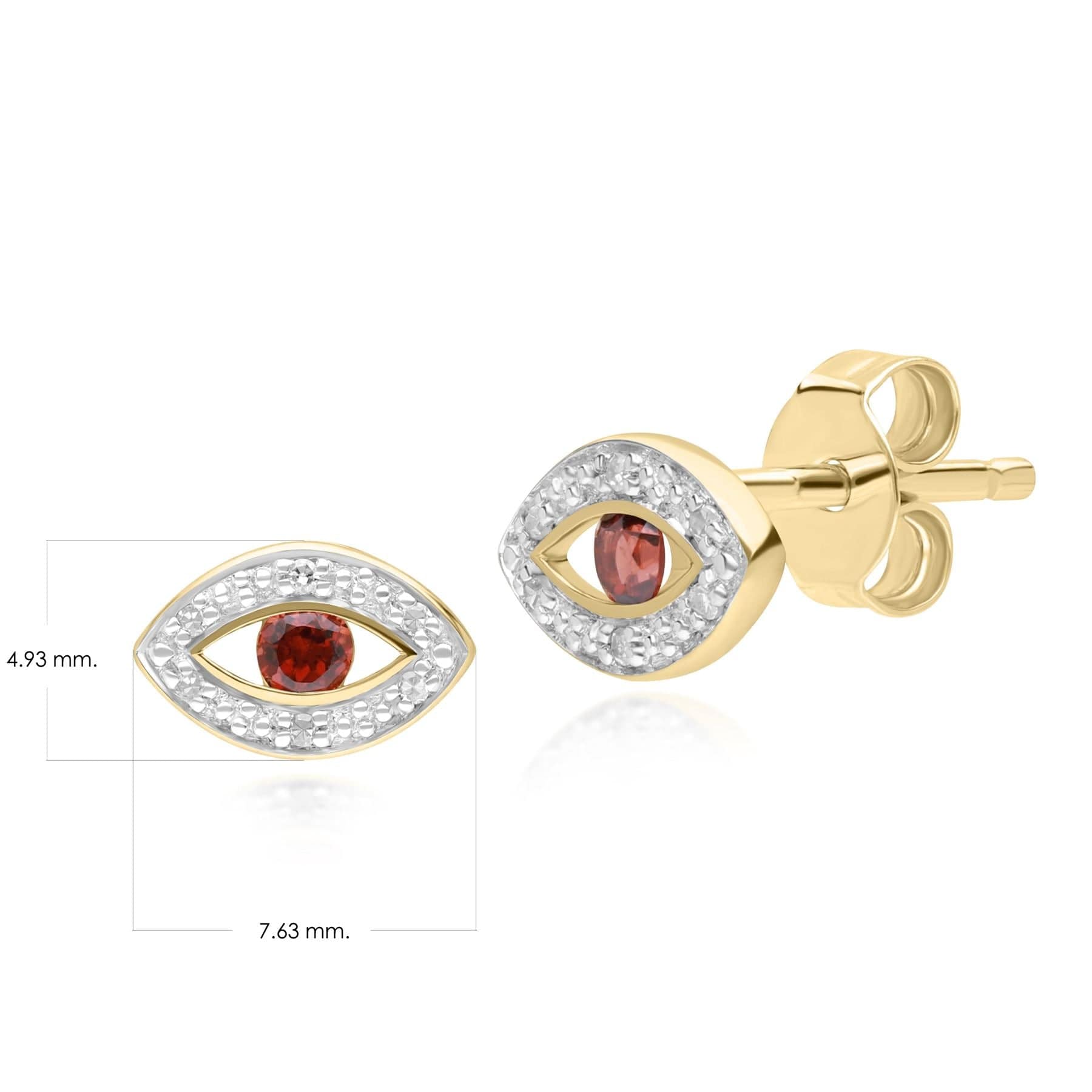 ECFEW™ Dainty Evil Eye Garnet & Diamond Stud Earrings in 9ct Yellow Gold - Gemondo