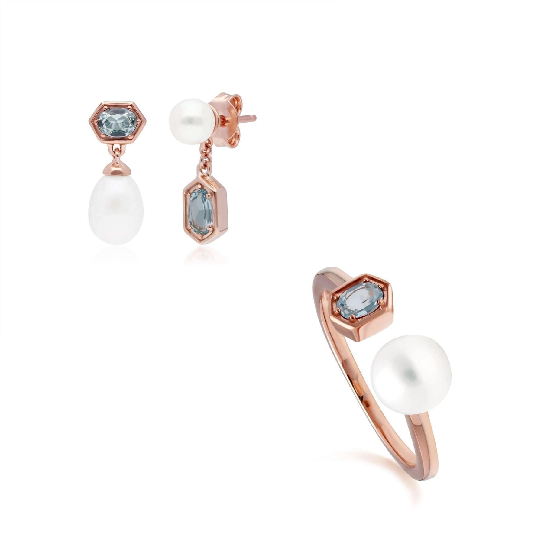 Modern Pearl & Blue Topaz Earring & Ring Set in Rose Gold Plated Silver - Gemondo