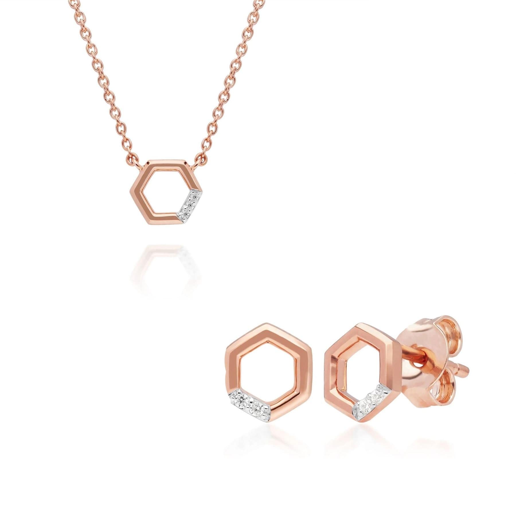 Diamond Pave Hexagon Necklace and Stud Earring Set in 9ct Rose Gold 