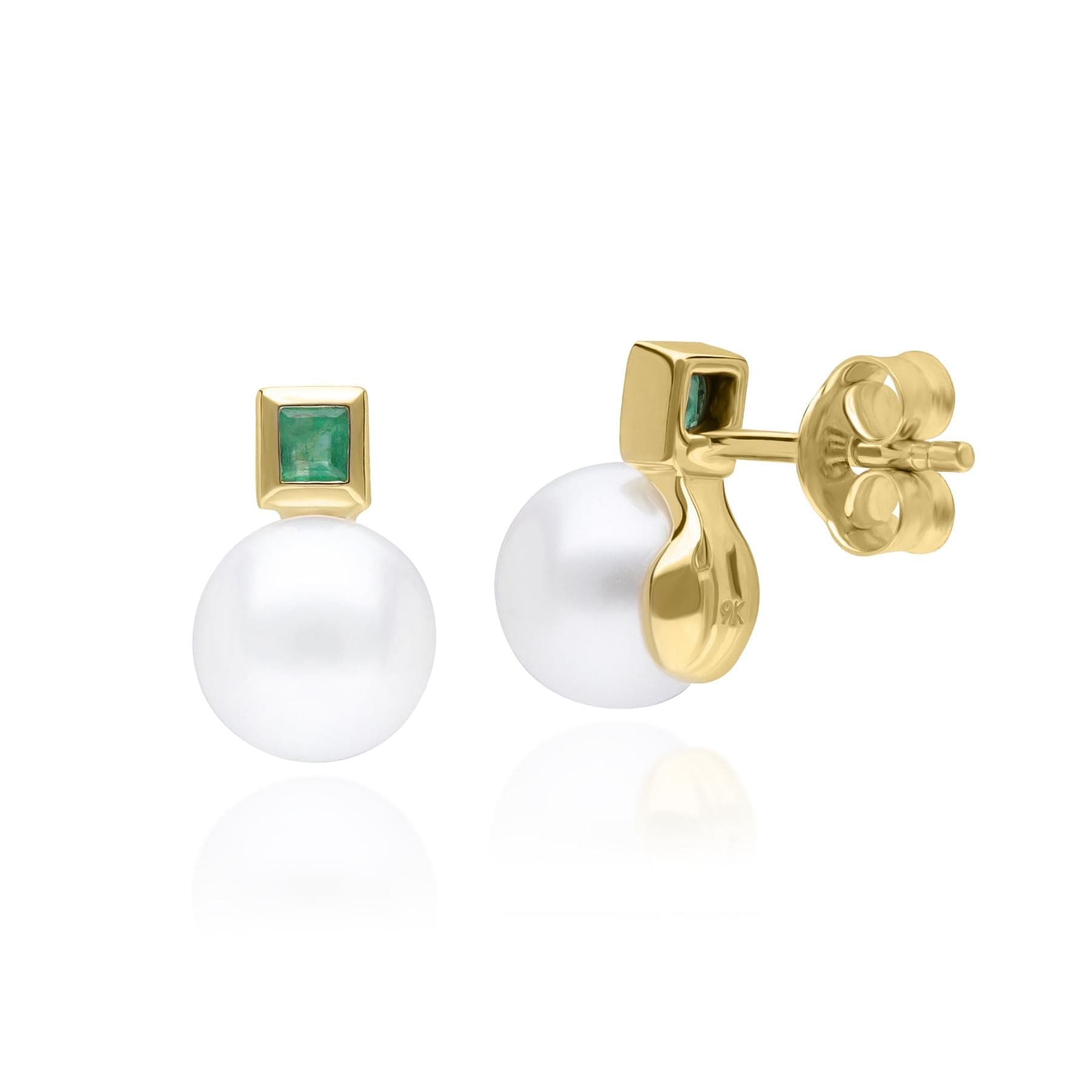 Modern Pearl & Square Emerald Stud Earrings in 9ct Yellow Gold - Gemondo