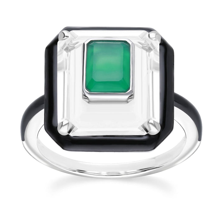270R062701925 Grand Deco Rock Crystal, Chalcedony & Enamel Statement Ring In Sterling Silver 4