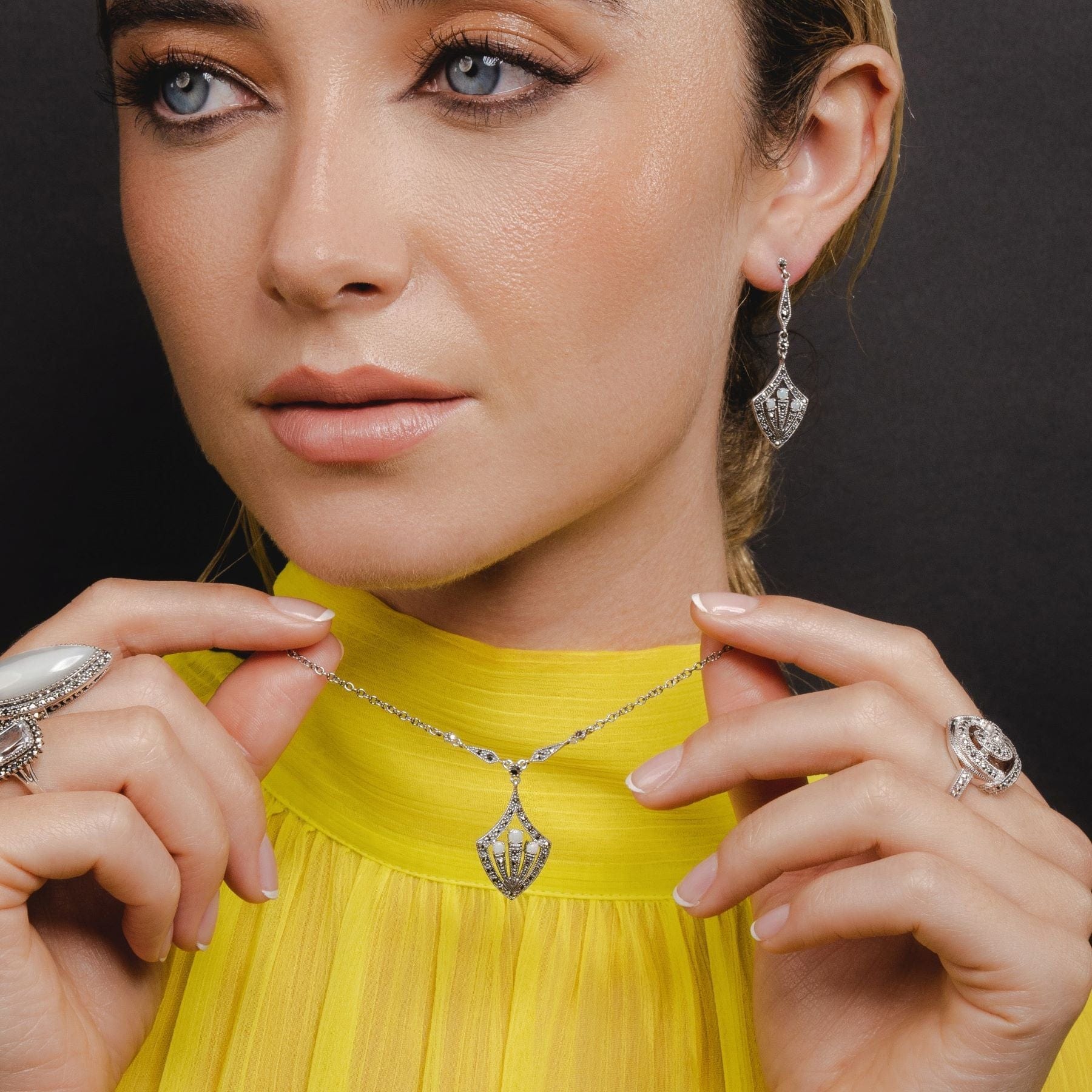 Art Deco Style Opal & Marcasite Shield Drop Earrings & Necklace Set in Silver - Gemondo