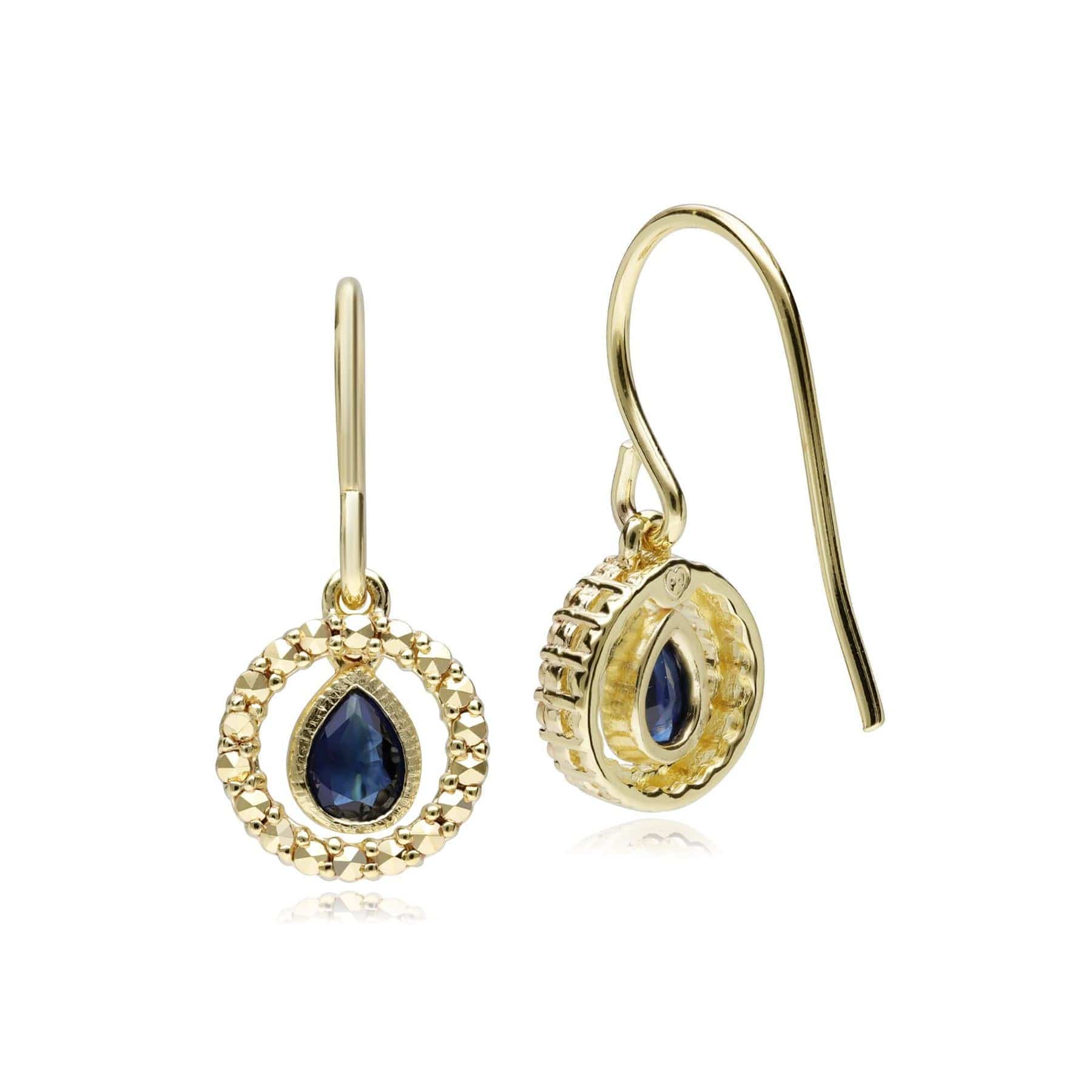Sapphire & Marcasite Halo Drop Earrings in 18ct Gold Plated Silver - Gemondo