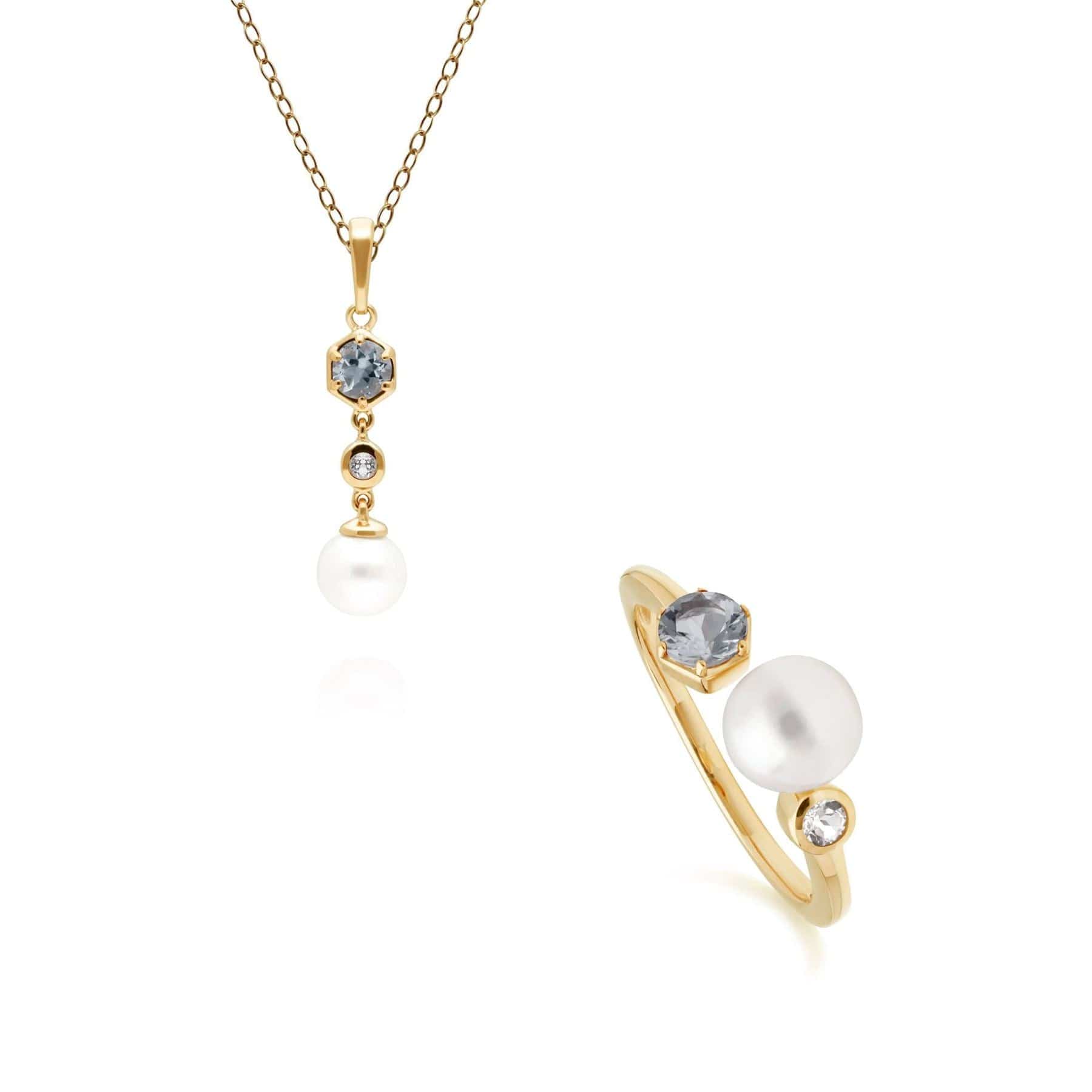 270P030105925-270R058605925 Modern Pearl, Topaz & Aquamarine Ring & Pendant Set in Gold Plated Silver 1