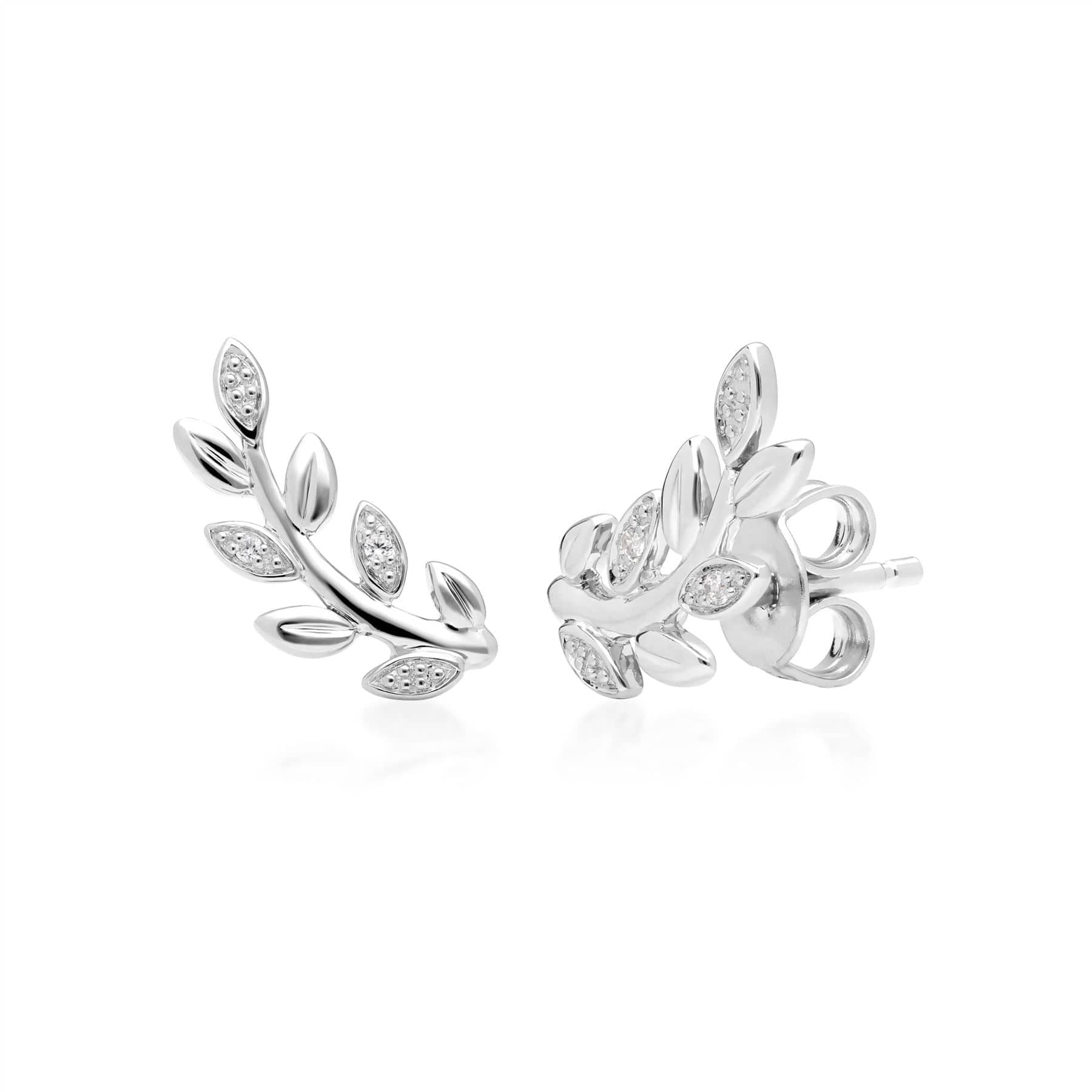 9ct White Gold Olive branch Leaf Diamond Pave Stud Earrings