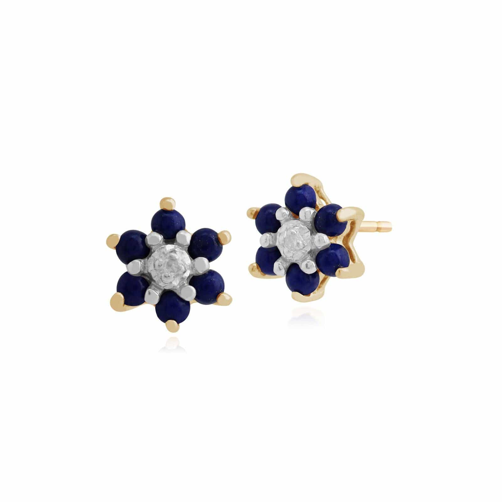 Floral Round Lapis Lazuli & Diamond Cluster Stud Earrings in 9ct Yellow Gold - Gemondo