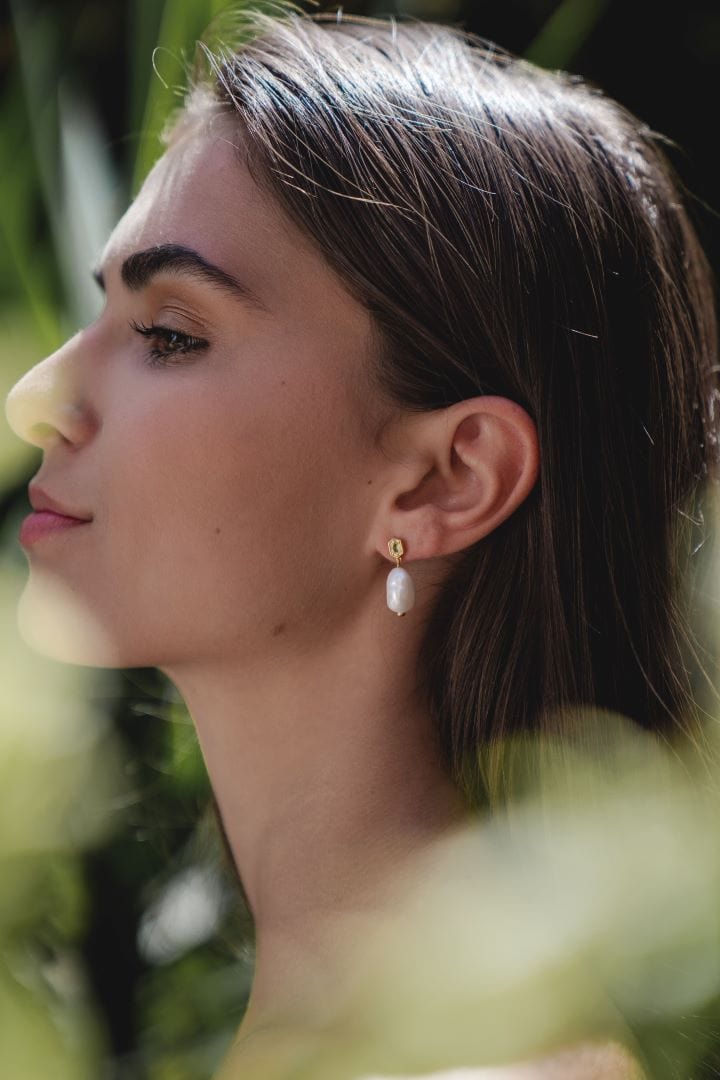 Modern Baroque Pearl & Peridot Drop Earrings in Gold Plated Silver - Gemondo