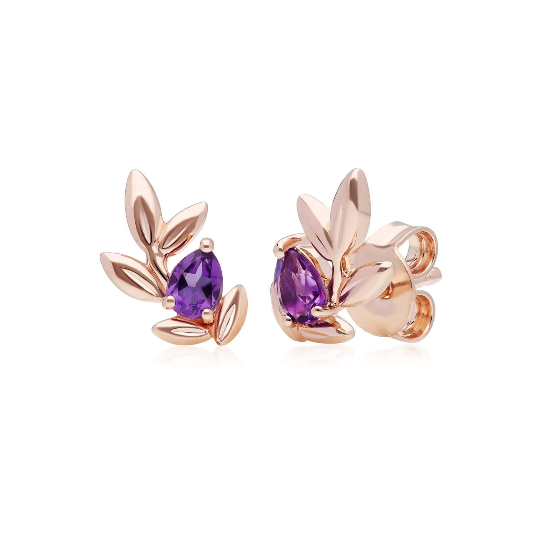 O Leaf Amethyst Stud Earring & Ring Set in 9ct Rose Gold - Gemondo