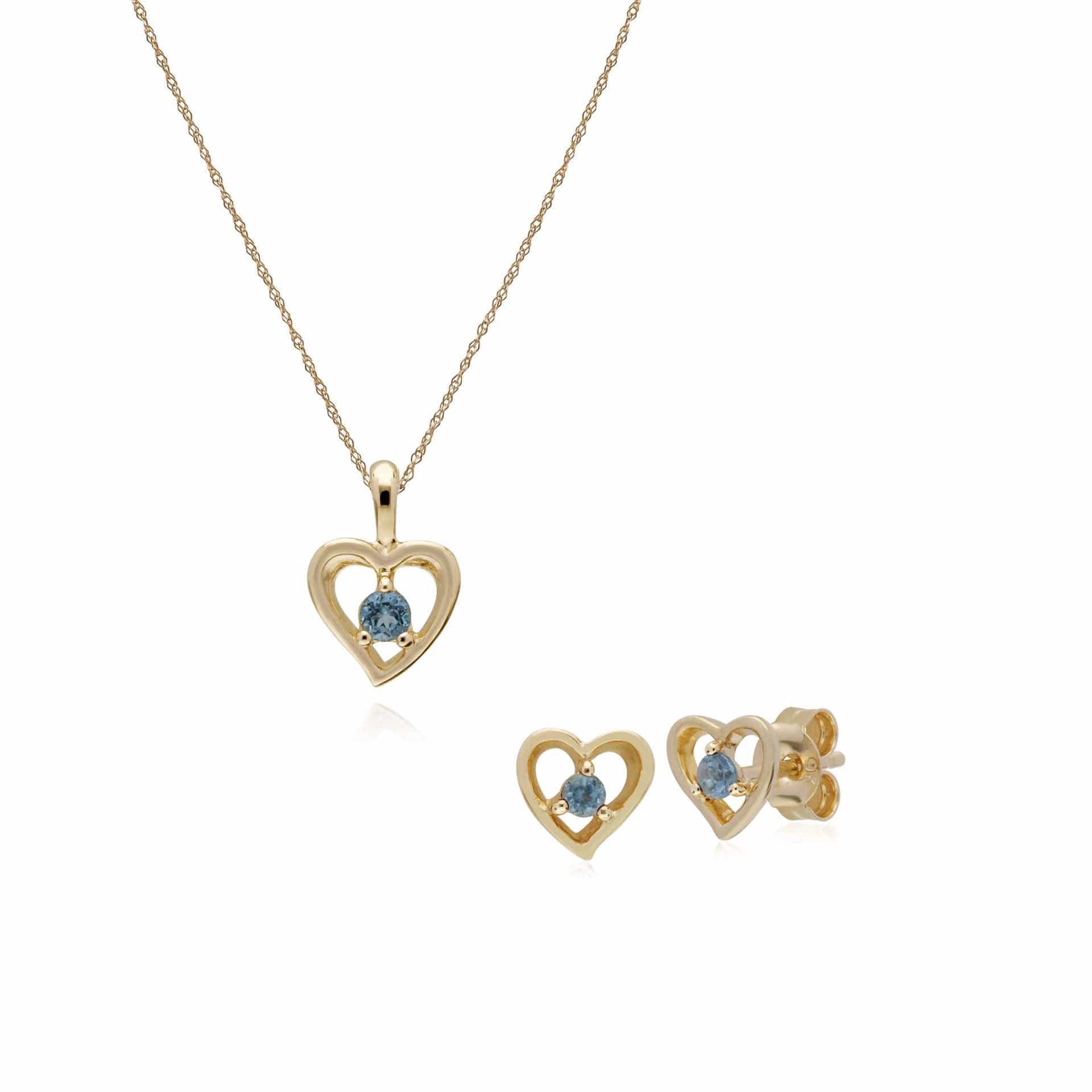 135E1521049-135P1875039 Classic Round Blue Topaz Single Stone Heart Stud Earrings & Necklace Set in 9ct Yellow Gold 1