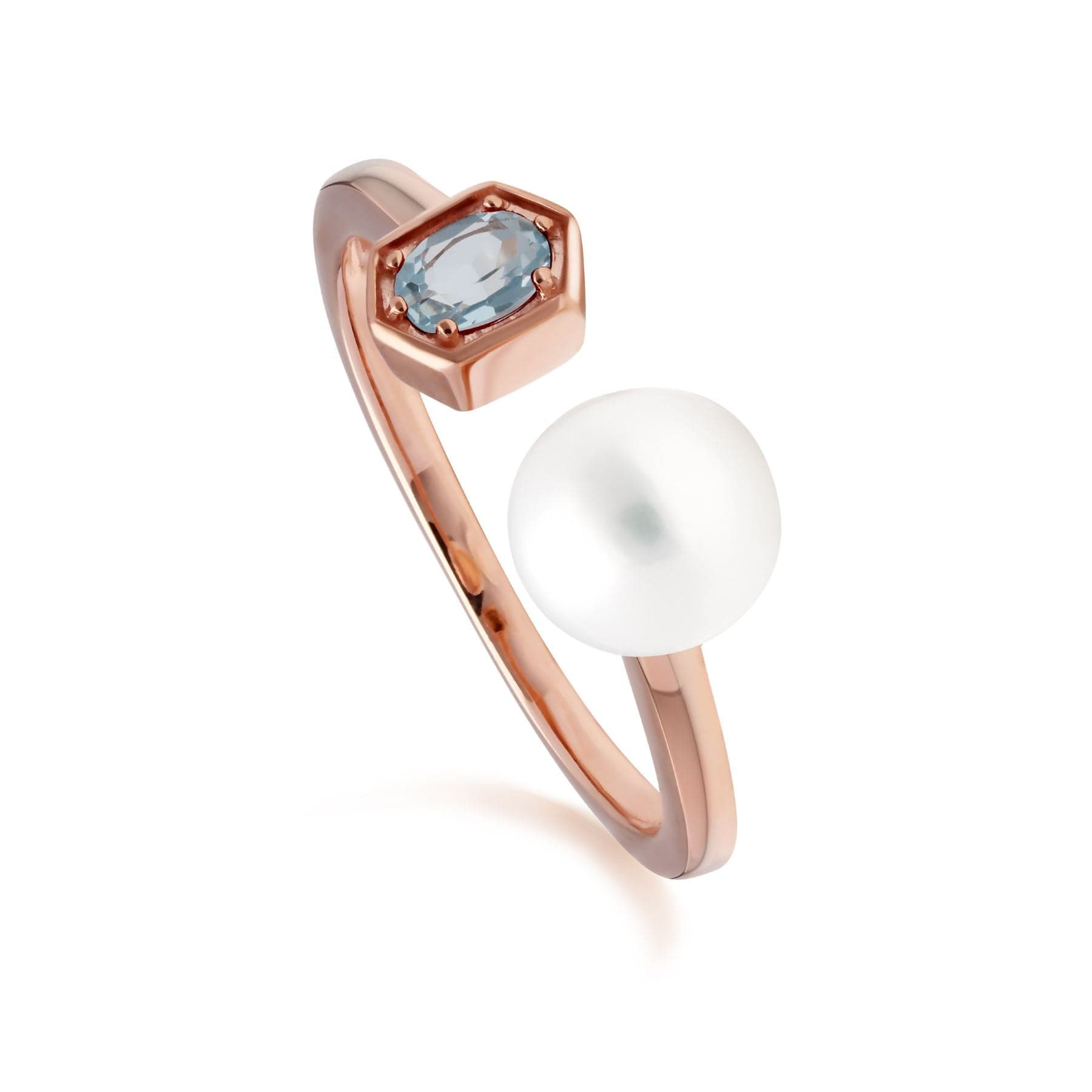 Modern Pearl & Blue Topaz Open Ring in Rose Gold Plated Sterling Silver