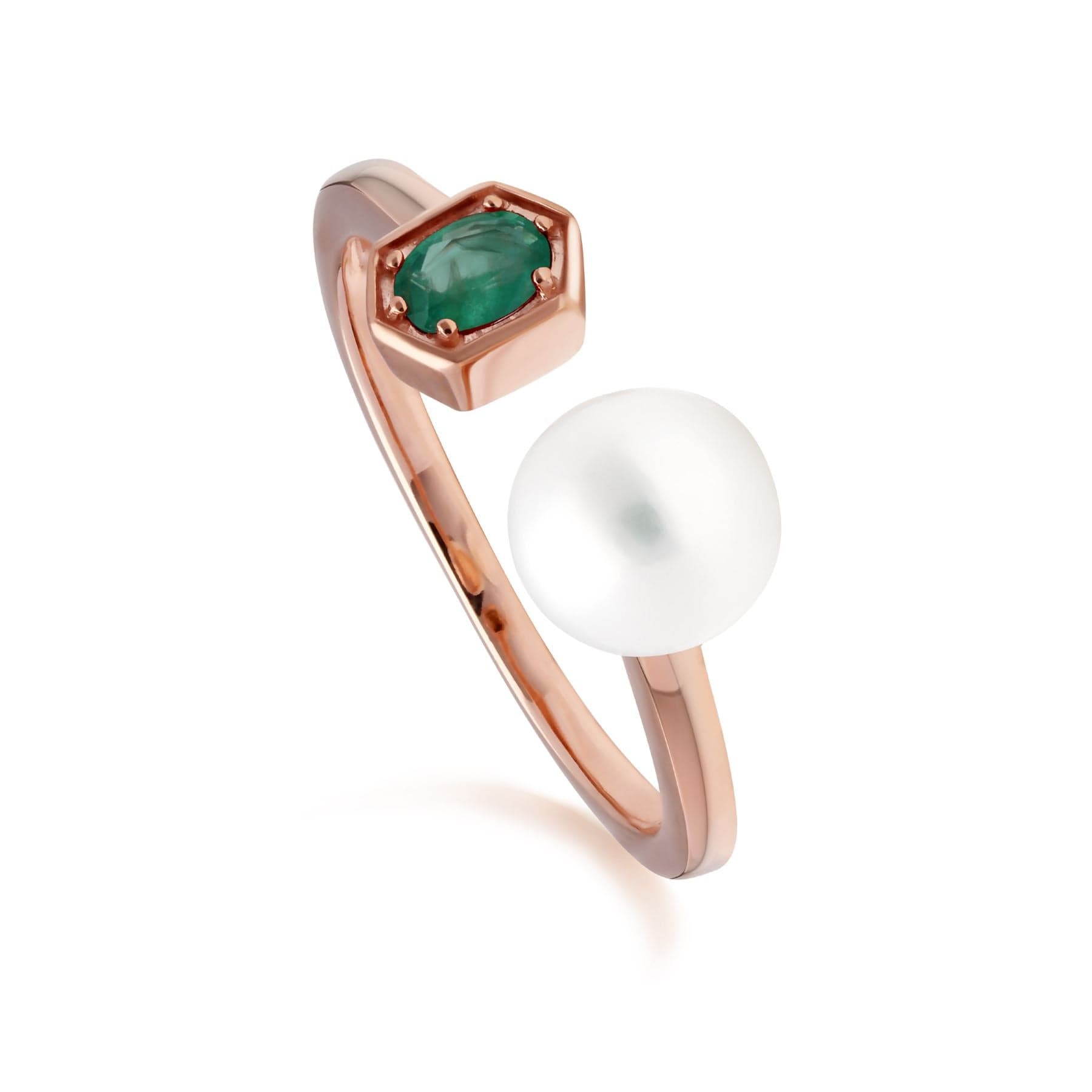 Modern Pearl & Emerald Open Ring in Rose Gold Plated Sterling Silver