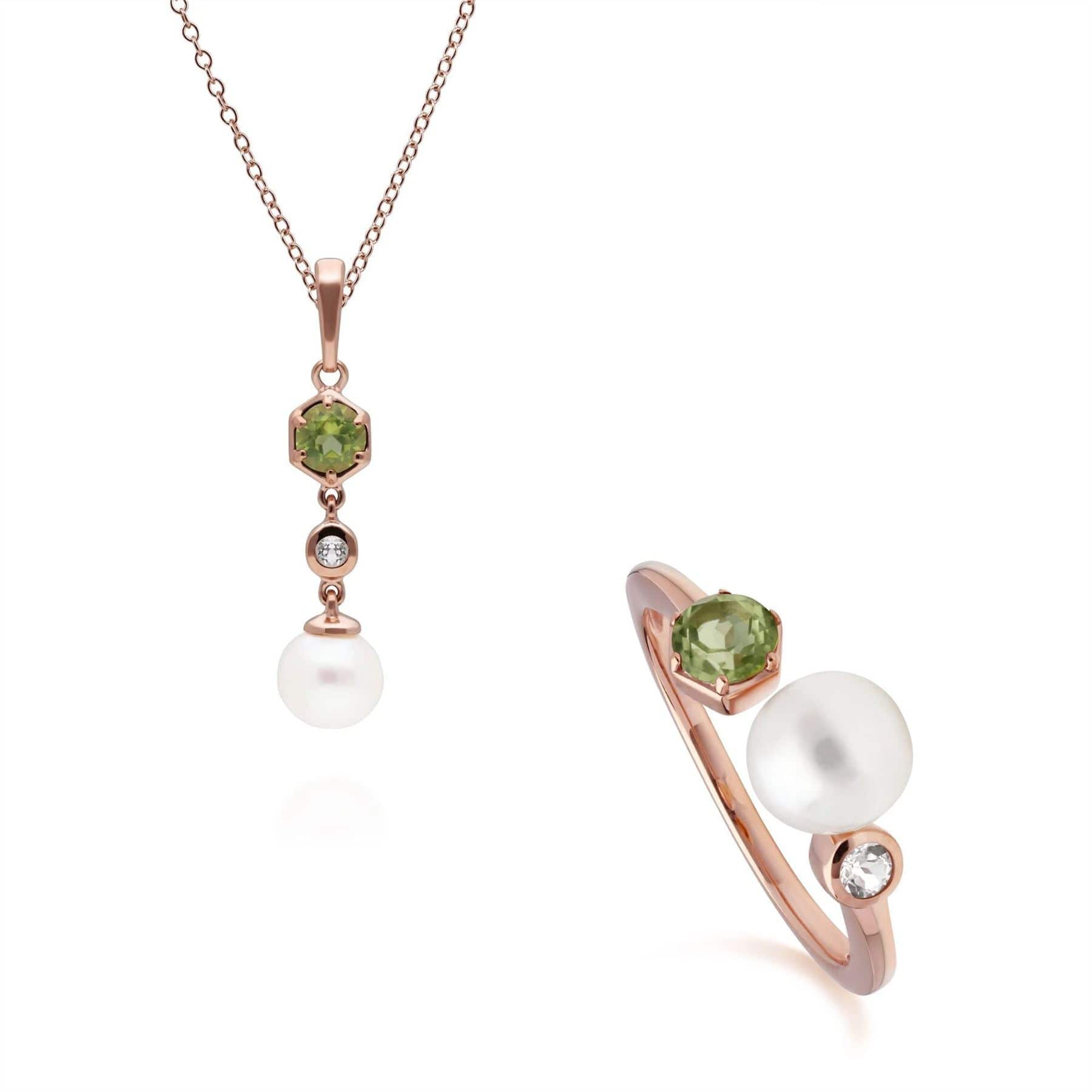 Modern Pearl, Peridot & Topaz Pendant & Ring Set in Rose Gold Plated Silver - Gemondo