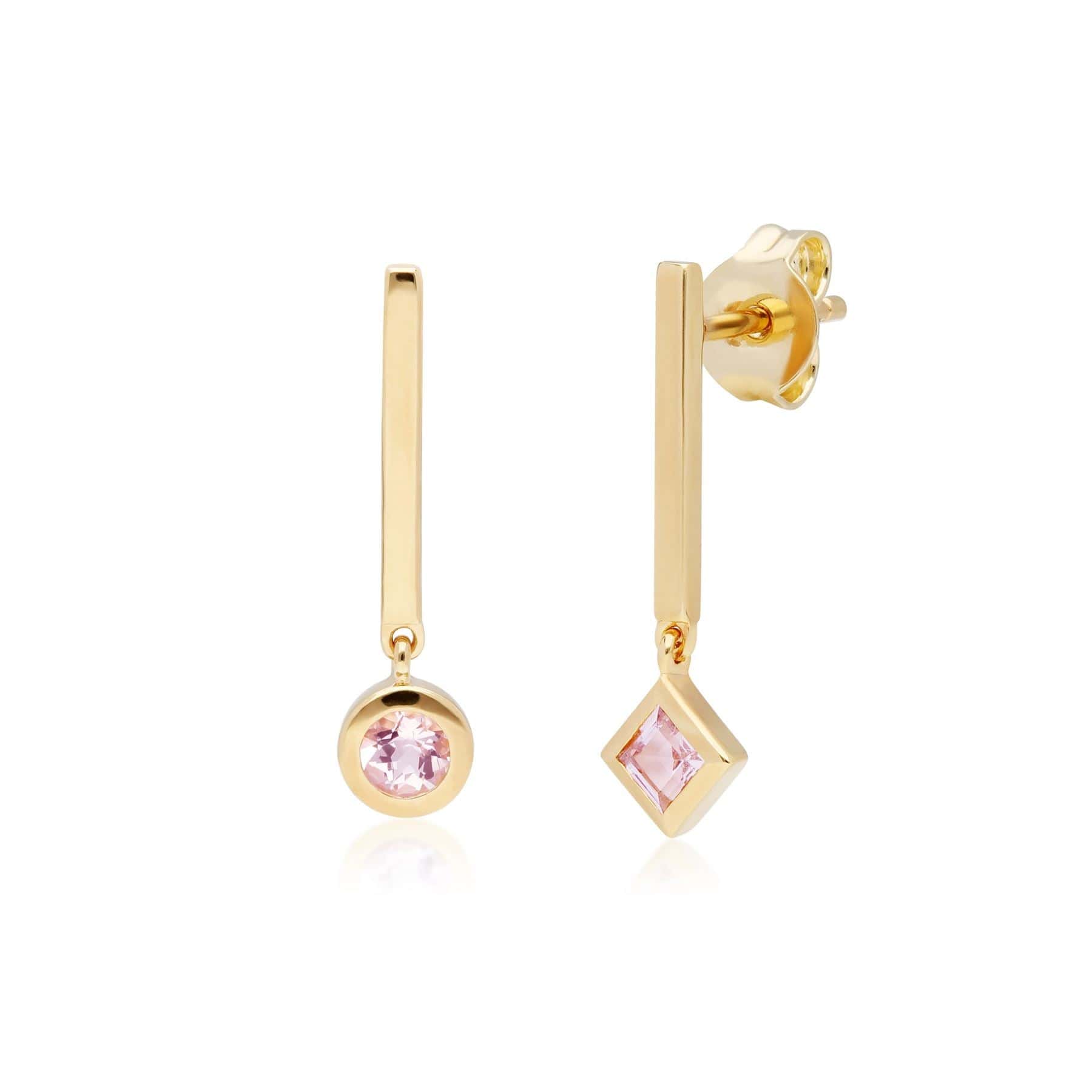 135E1635019 Micro Statement Mismatched Morganite Drop Earrings in 9ct Yellow Gold 4