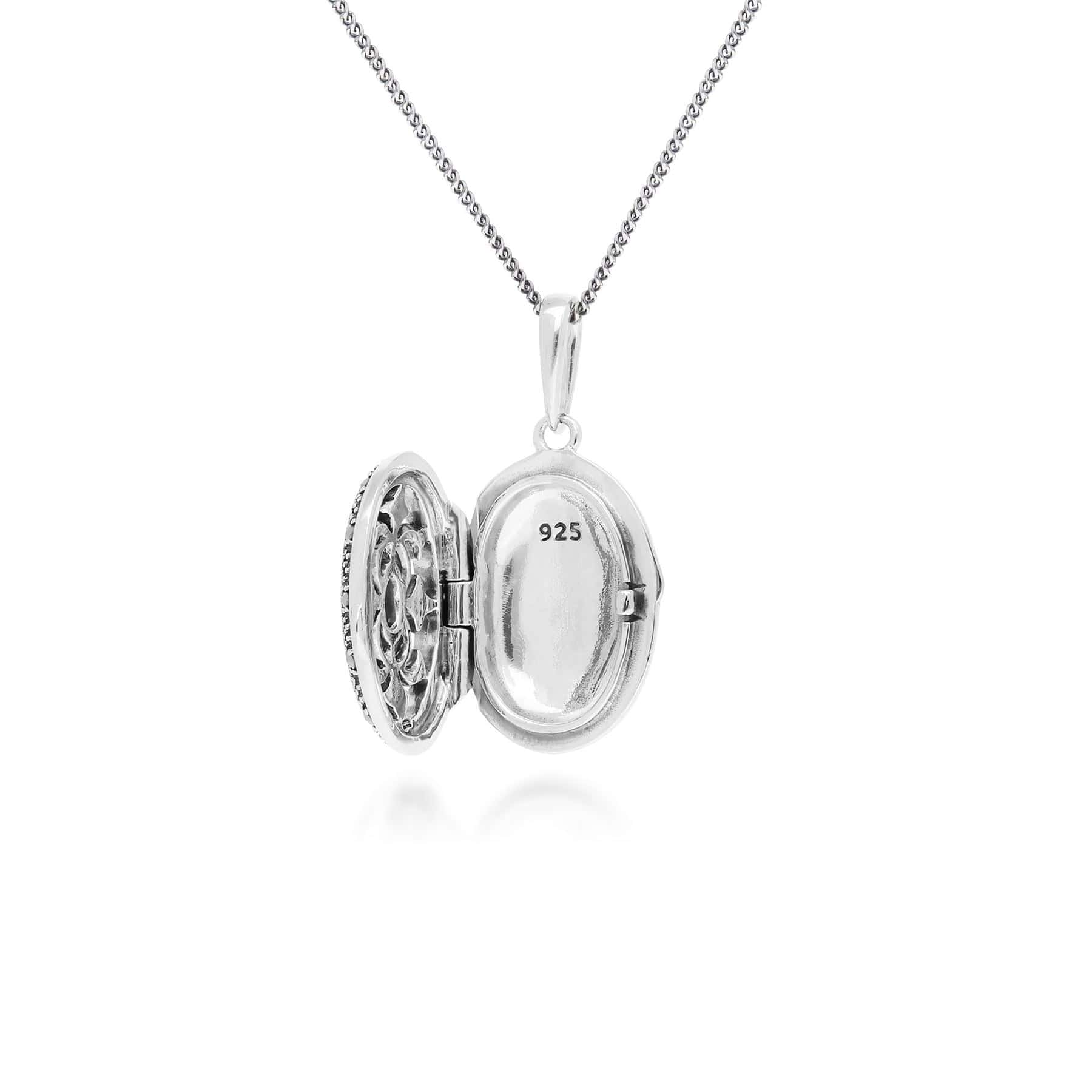 Art Nouveau Style Oval Tanzanite & Marcasite Locket Necklace in 925 Sterling Silver - Gemondo
