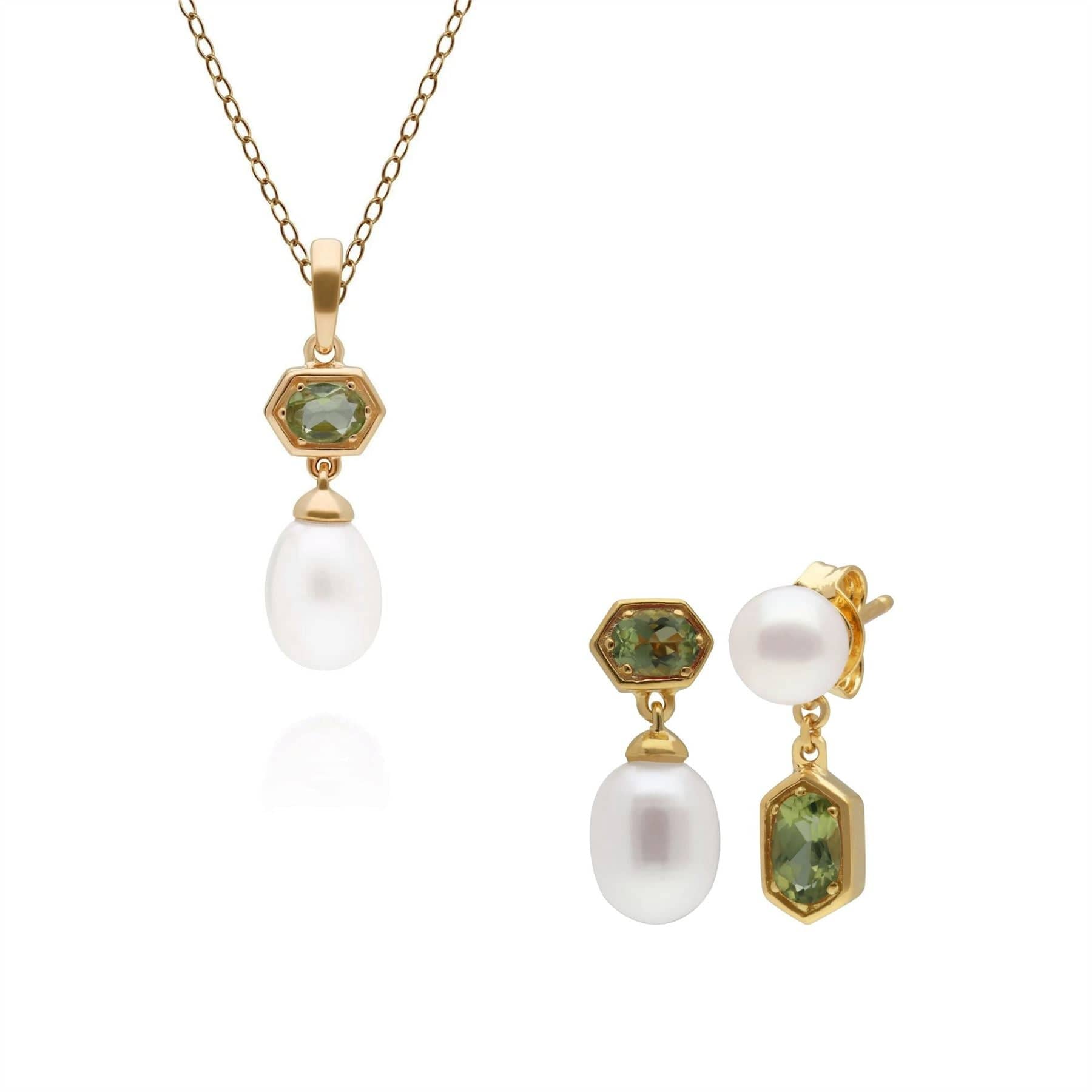 270P030206925-270E030206925 Modern Pearl & Peridot Pendant & Earring Set in Gold Plated Silver 1