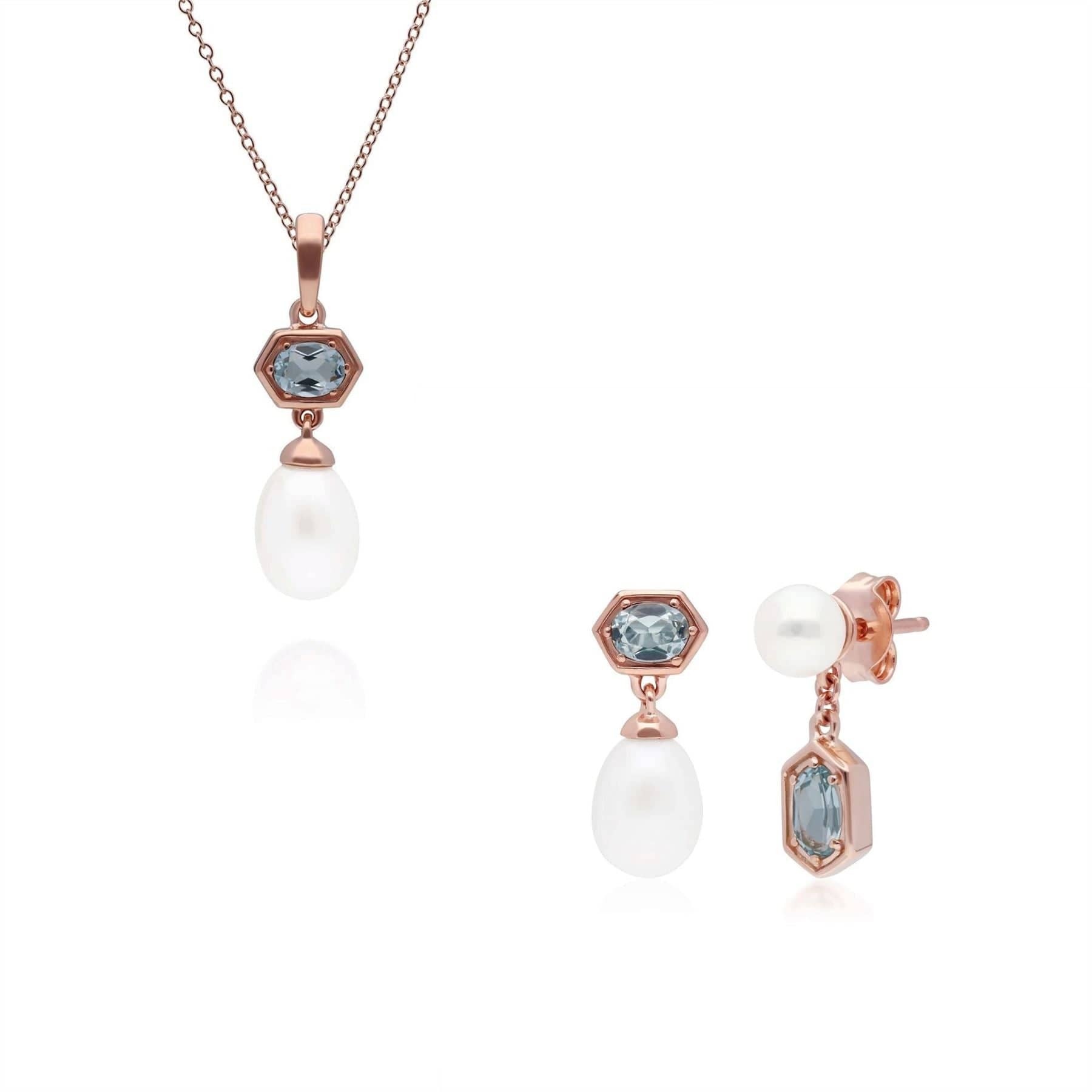 Modern Pearl & Blue Topaz Pendant & Earring Set in Rose Gold Plated Silver - Gemondo