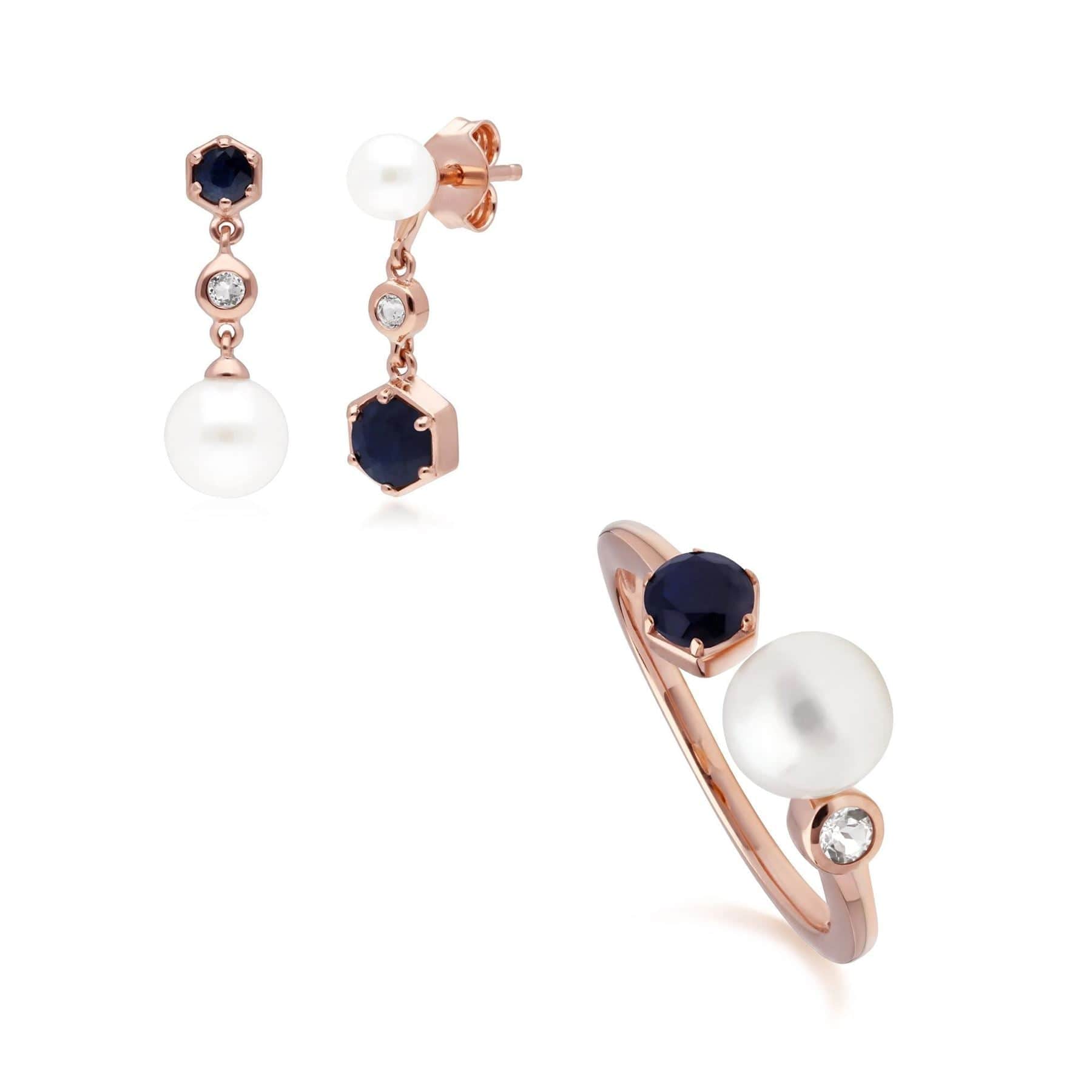 Modern Pearl, Sapphire & Topaz Ring & Earring Rose Gold Plated Set - Gemondo