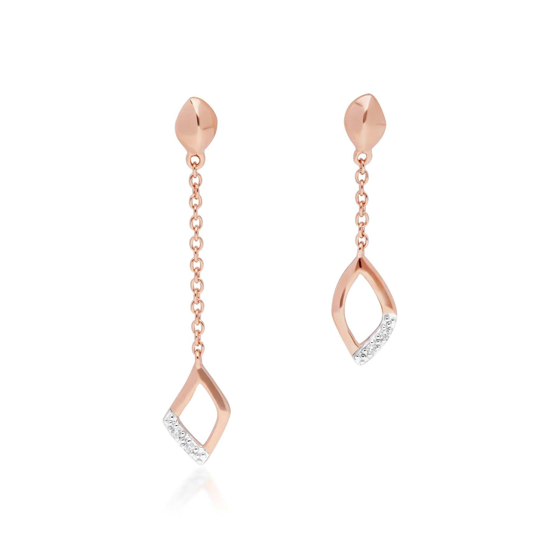 Diamond Pave Mismatched Dangle Drop Chain Earrings in 9ct Rose Gold