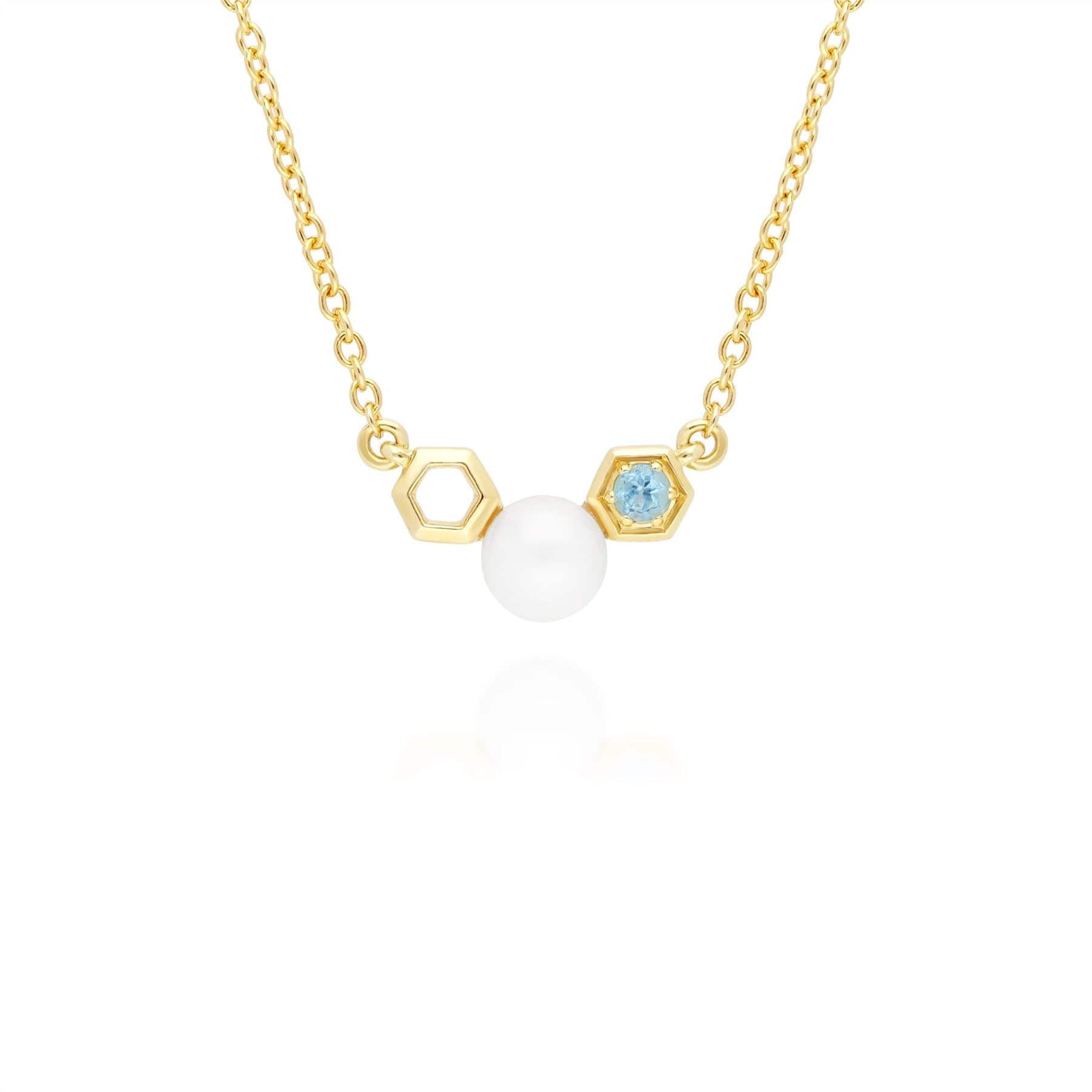 Modern Pearl & Blue Topaz Necklace in 9ct Yellow Gold - Gemondo