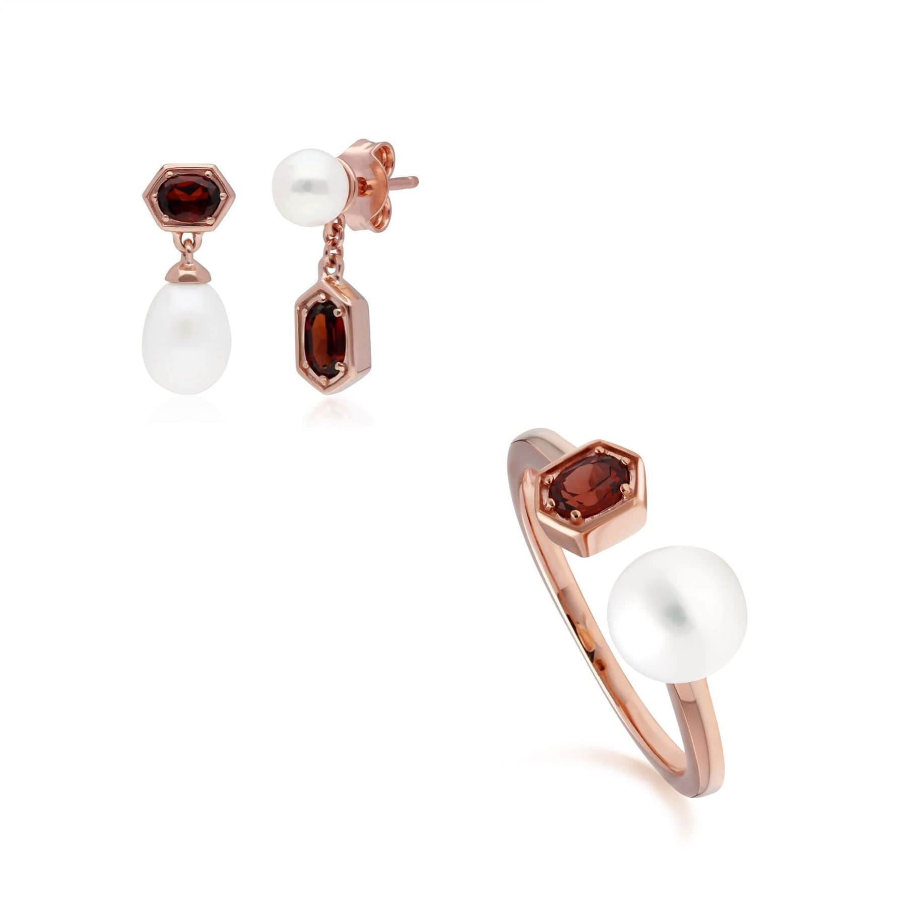 Modern Pearl & Garnet Earring & Ring Set in Rose Gold Plated Silver - Gemondo