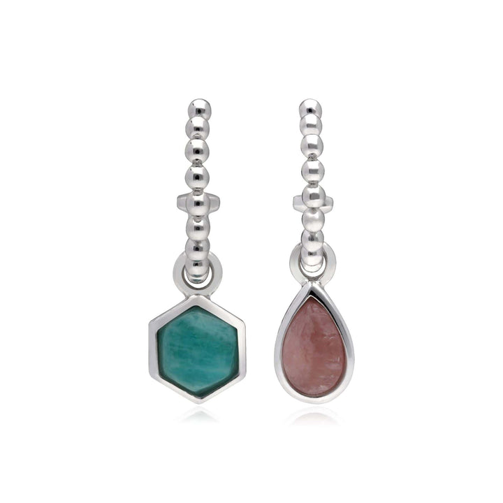 270E029401925 Micro Statement Rhodochrosite & Amazonite Mismatched Hoop Earrings in 925 Sterling Silver 2