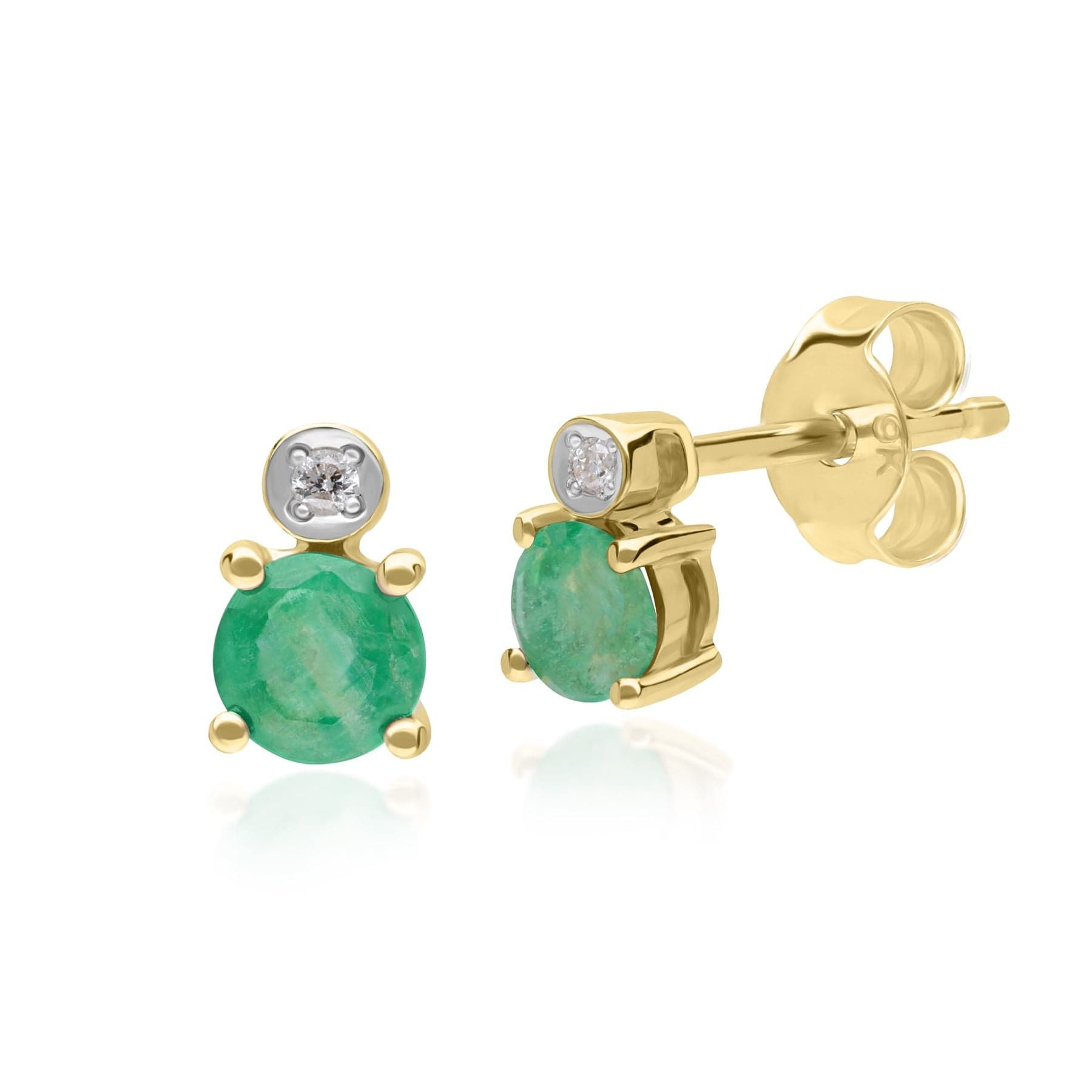 Micro Statement Round Emerald & Diamond Stud Earrings in 9ct Yellow Gold - Gemondo