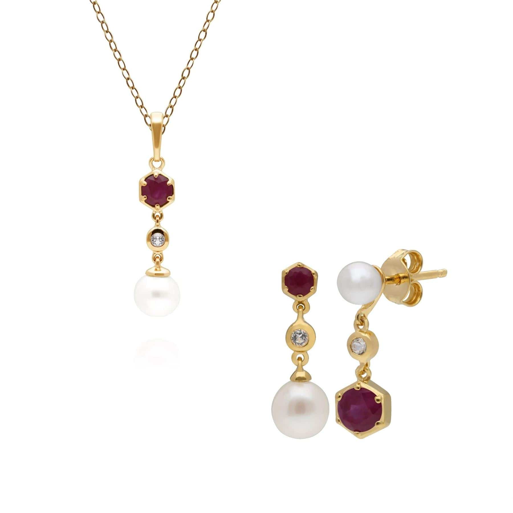 Modern Pearl, Topaz & Ruby Pendant & Earring Set in Gold Plated Silver - Gemondo