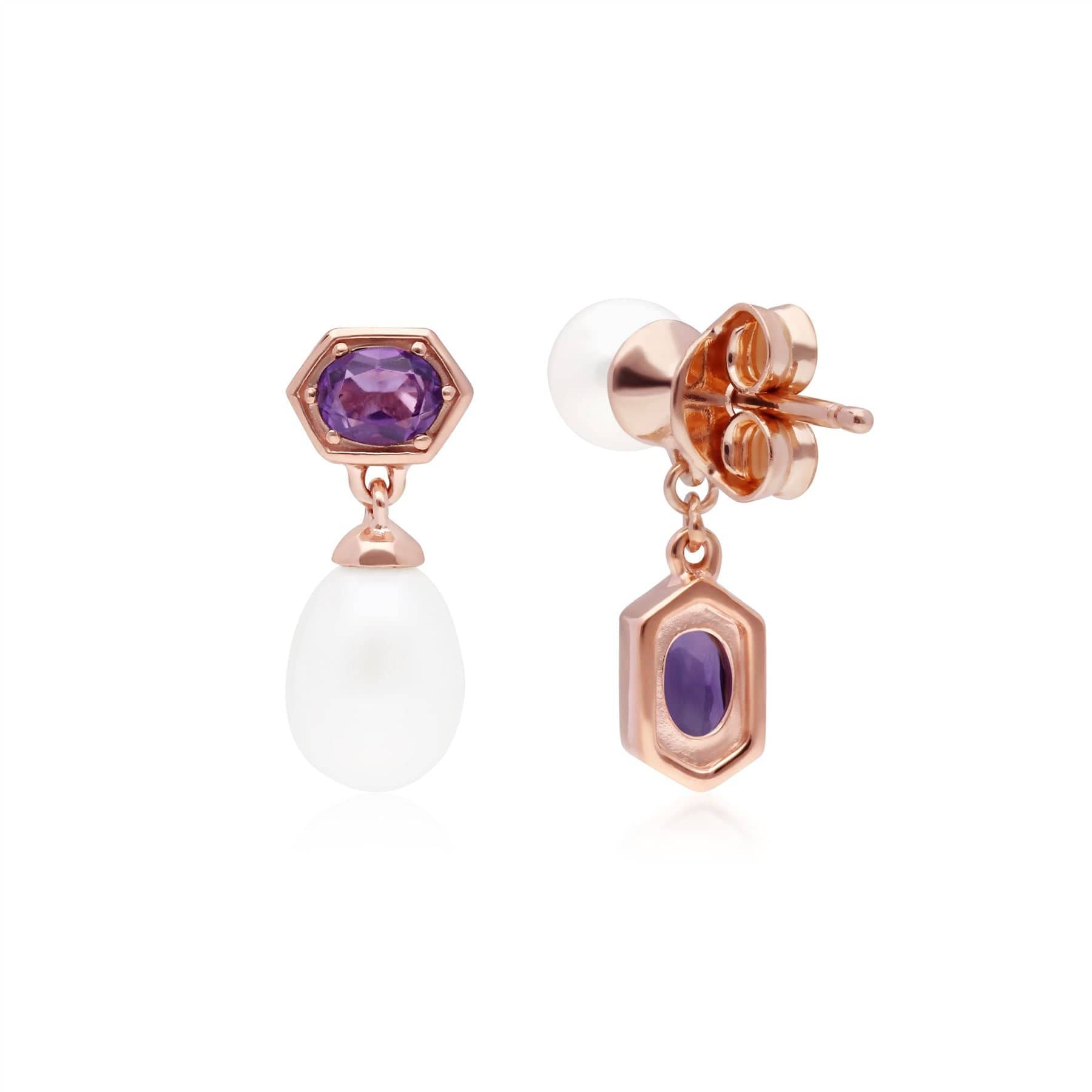 270E030410925 Modern Pearl & Amethyst Mismatched Drop Earrings in Rose Gold Plated Silver 3