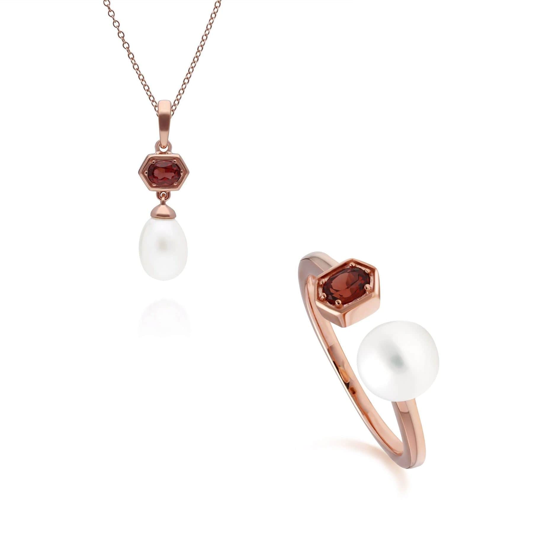 Modern Pearl & Garnet Pendant & Ring Set in Rose Gold Plated Silver - Gemondo